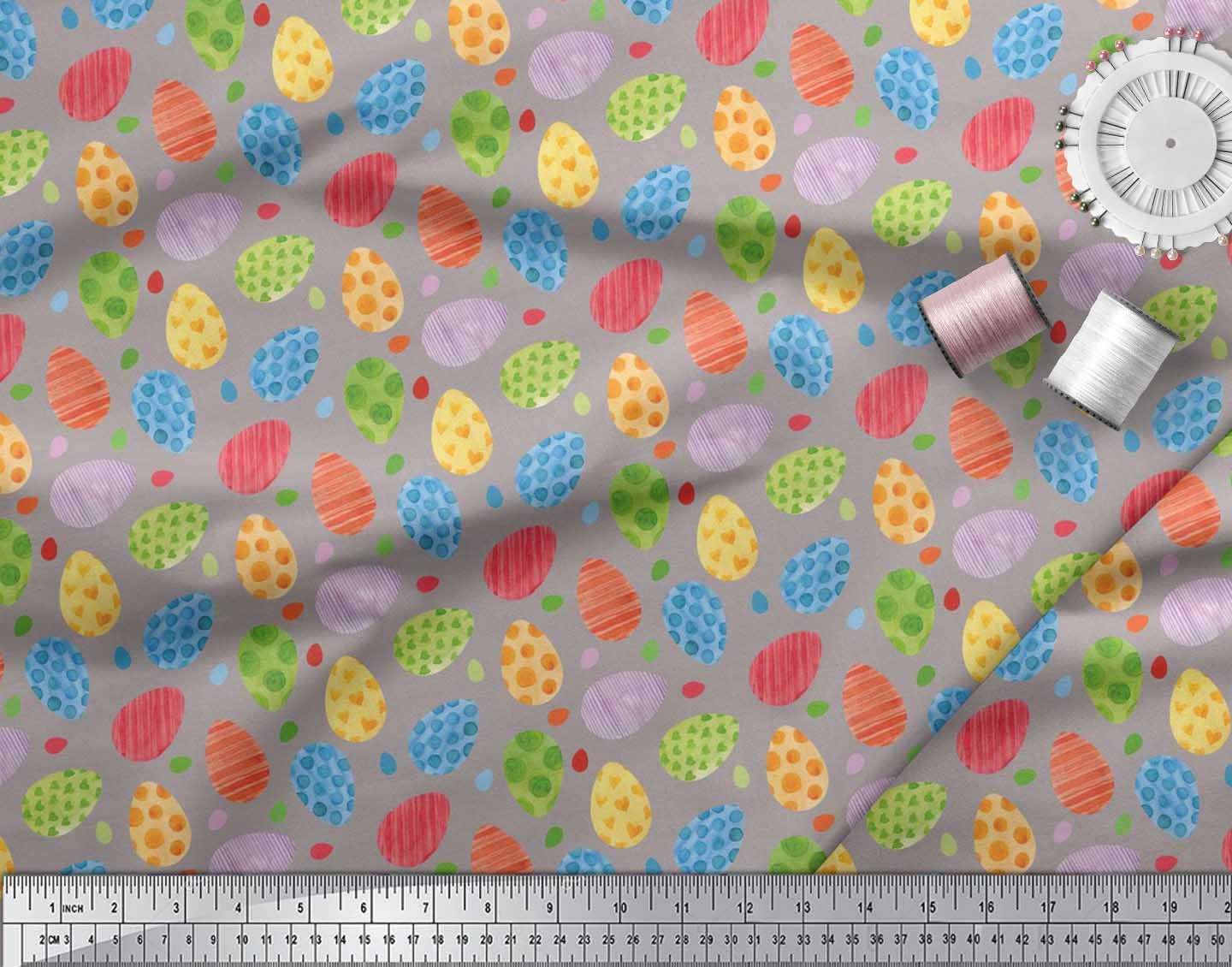 Soimoi Rayon Crepe Grey Fabric by The Yard - 46 Inch Wide Easter Egg Pattern Textile for DIY Crafts, Dressmaking & Home Decor - Soft Printed Fabric for Easter Celebrations, Spring Sewing Projects & Party Decorations