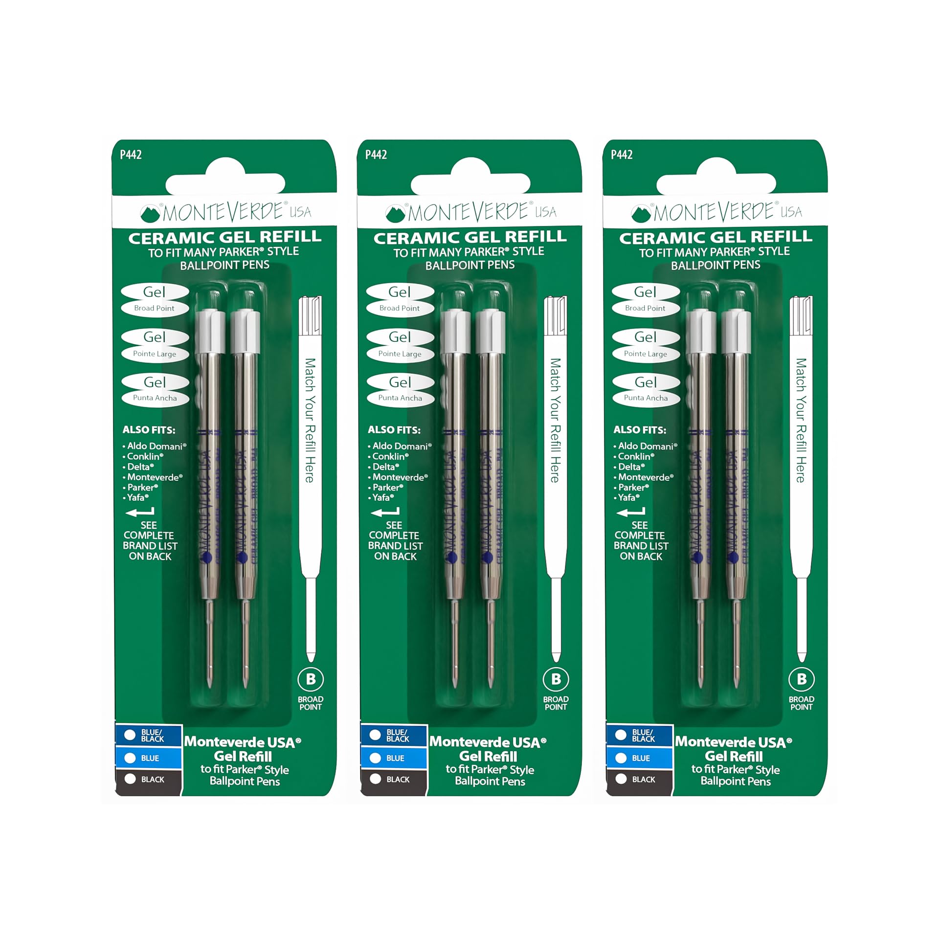 Monteverde P443BB Capless Ceramic Gel Refill for Parker Ballpoint Pens - Broad Blue/Black Ink | Smooth Writing Replacement Refill for Office, School & Everyday Use