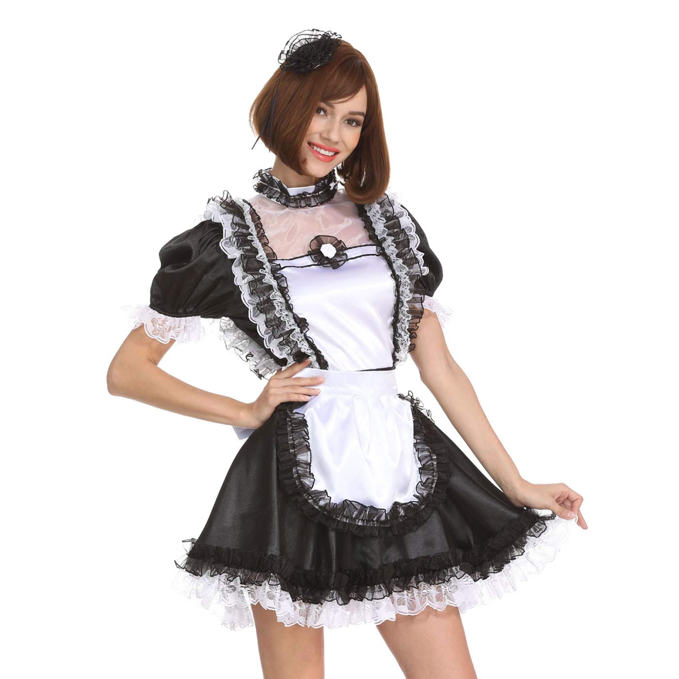 Elegant Black and White Satin Maid Dress with Ruffled Sleeves - Perfect for Cosplay, Halloween Costumes, and Crossdressing Parties
