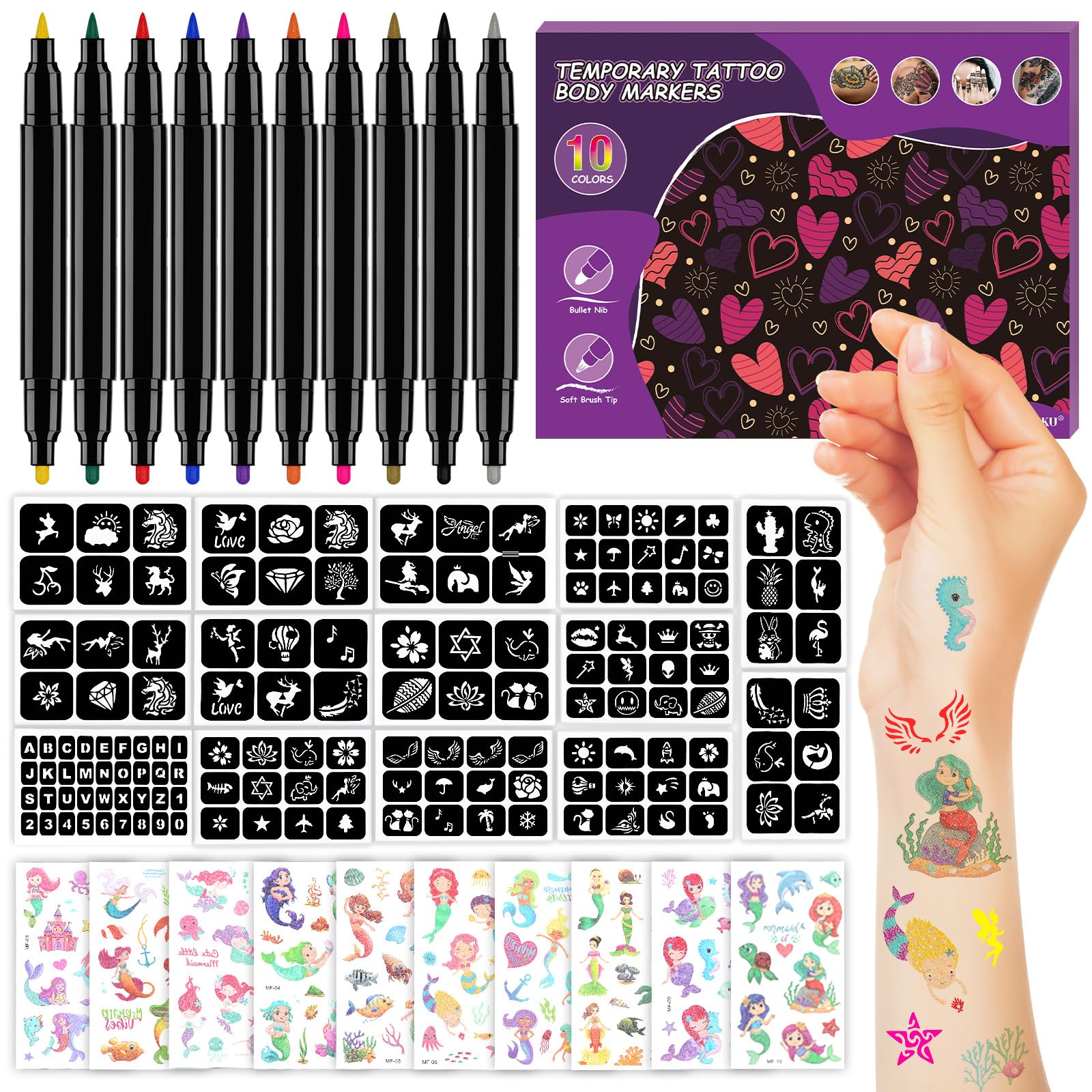 EBANKU 10-Count Temporary Tattoo Markers for Skin - Dual Tip Body Art Pens with 147 Tattoo Stencils & Mermaid Stickers | Flexible Brush & Fine Tip for Bold Lines | Safe Cosmetic-Grade | Perfect for Halloween, Costume Parties & Festival Body Art
