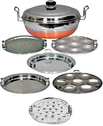 Copper Bottom Multi Kadai Idli Maker 5 in 1 - Standard Stainless Steel Idli Steamer with 6 Plates (33 Idlis) - Perfect for Indian Breakfast, Homemade Dosa & Steamed Snacks