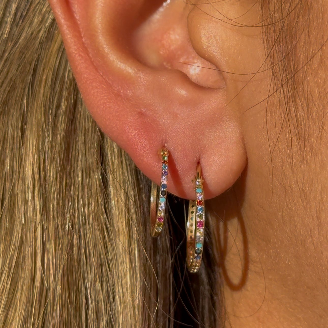 14K Yellow Gold Rainbow Pavé Studded Hoop Earrings - Dainty & Elegant Jewelry for Women - Perfect for Parties, Weddings & Everyday Wear