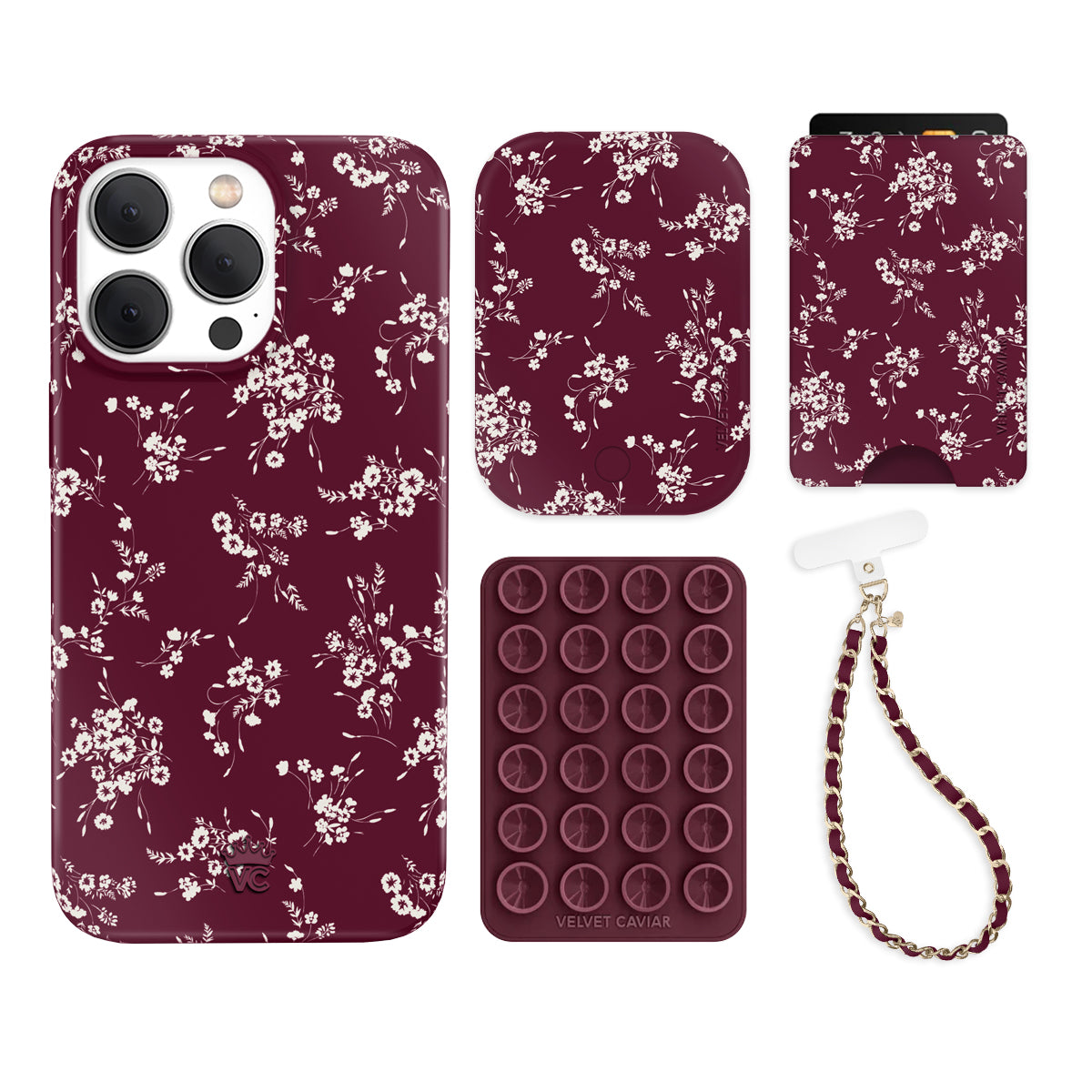 French Burgundy Floral iPhone Case with Wallet - Stylish Phone Accessory for Women | Perfect for Everyday Use, Travel & Shopping