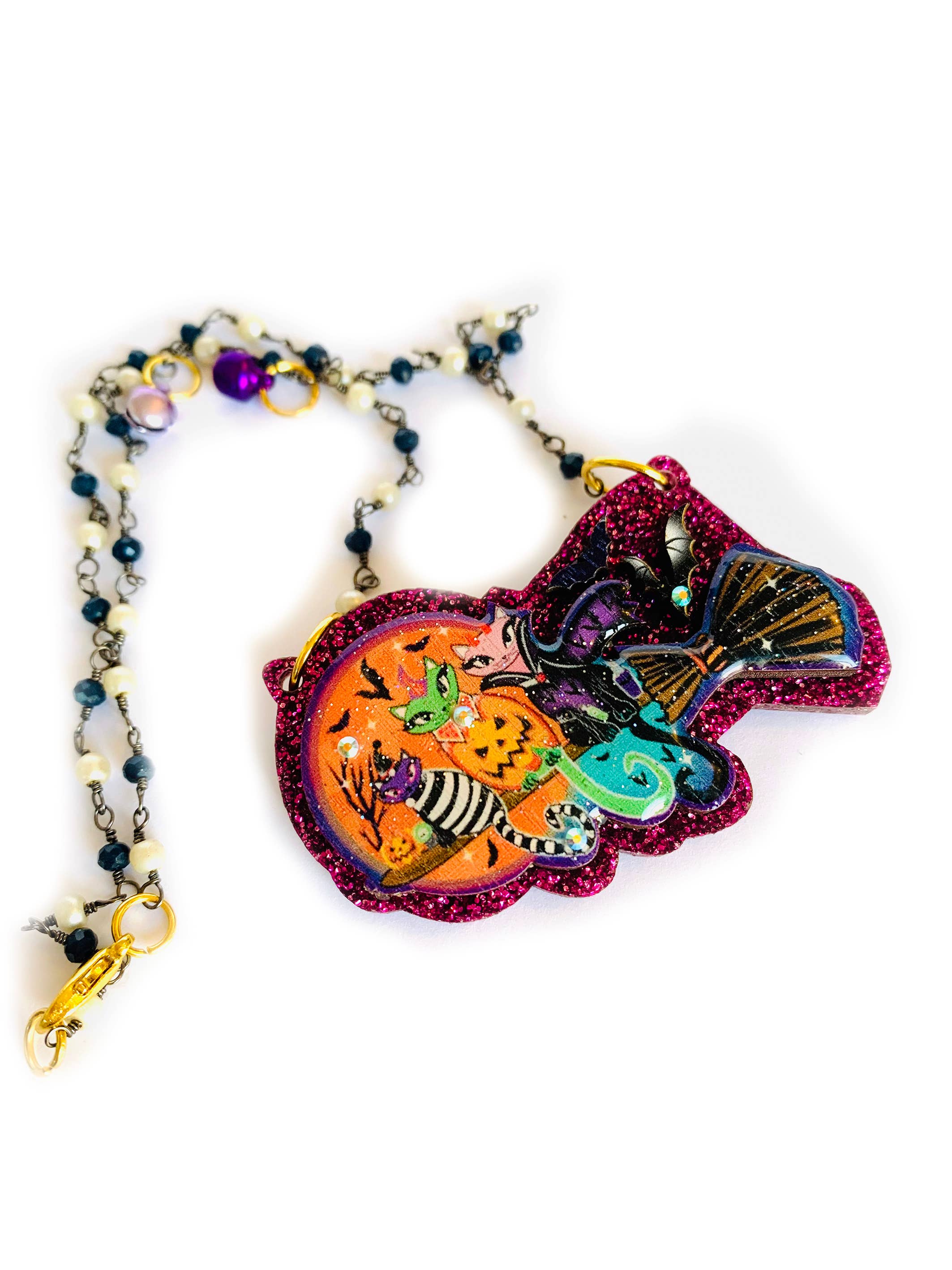 Rosie Rose Parker Cats on a Broom Necklace - Halloween Cat Witch Jewelry for Women, Perfect for Halloween Costume Accessories & Witchy Fashion