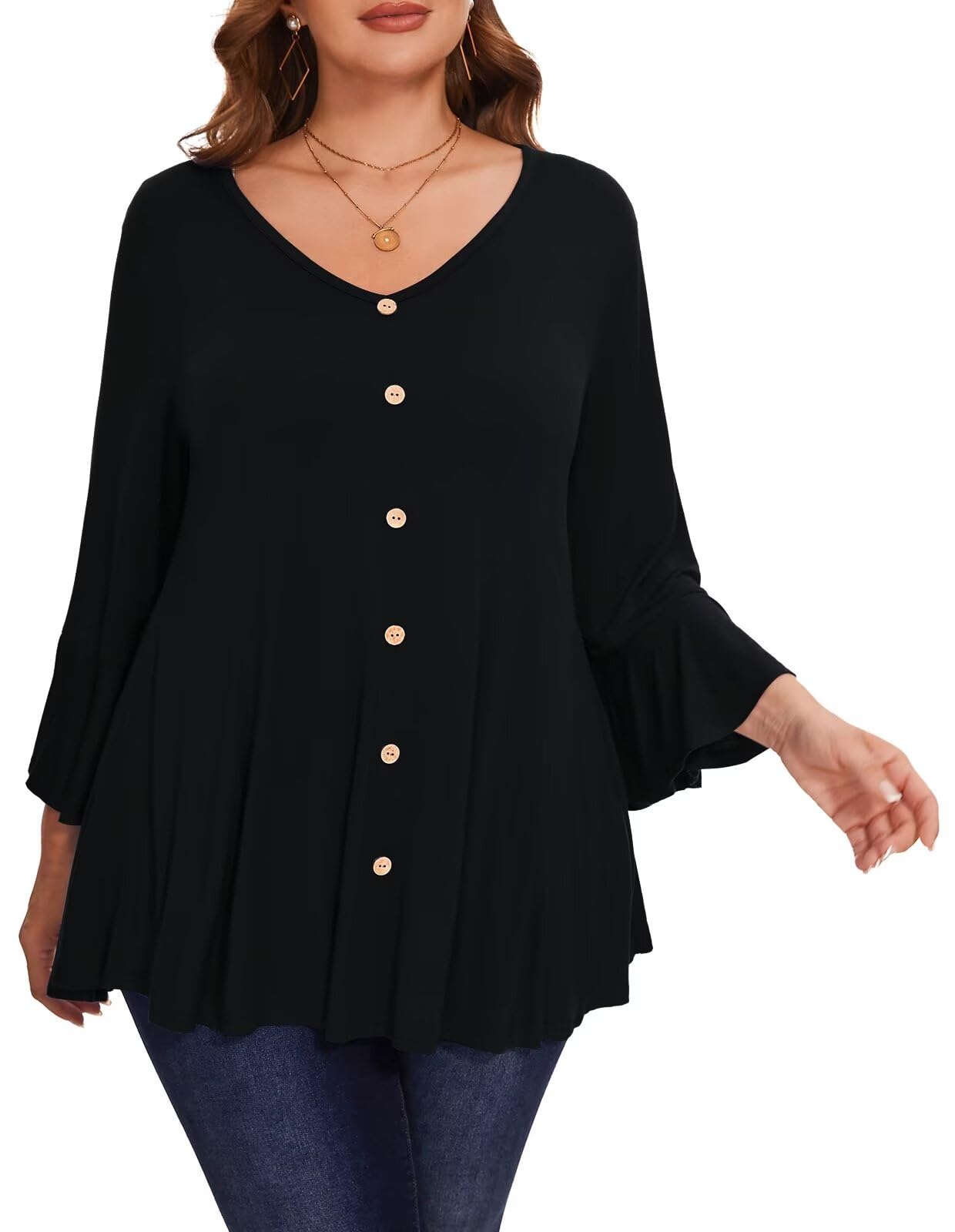LARACE Women's Plus Size 3/4 Sleeve V-Neck Tunic Tops - Fall Fashion T-Shirts to Wear with Leggings | Casual Outfit for Work, Weekend & Layering