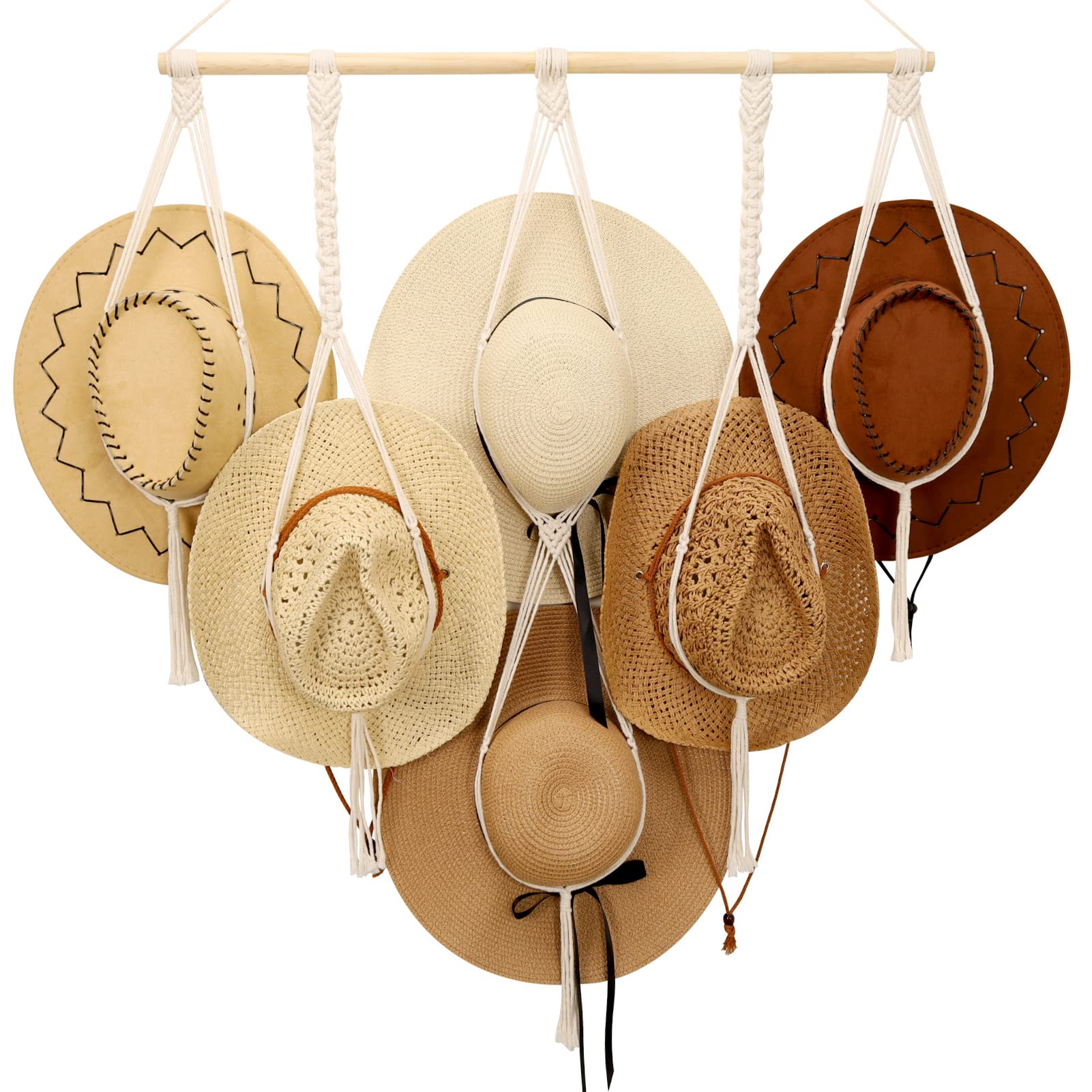 Boho Macrame Hat Hangers for Wall - Decorative Hat Rack Organizer for Wide Brim Hats, Sun Hats & Cowboy Hats - Perfect for Bedroom, Closet & Entryway Storage