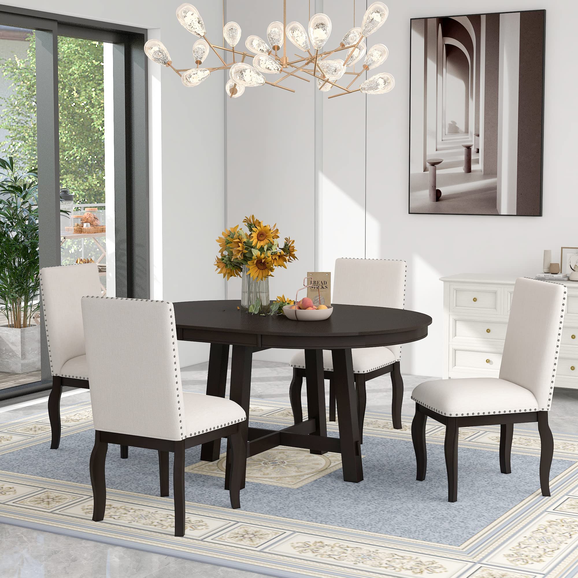 Quarte 5-Piece Farmhouse Dining Table Set - Extendable Round Wood Table with 4 Upholstered Chairs in Espresso, Perfect for Small Spaces, Family Gatherings & Cozy Meals