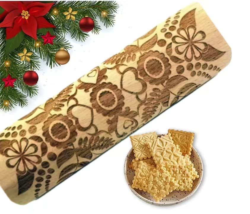 3D Engraved Wooden Rolling Pin for Baking - Embossed Cookie, Cake, Pastry & Pie Dough with Unique Patterns - Perfect Christmas & New Year Gift for Home Bakers & DIY Enthusiasts - Ideal for Holiday Baking, Wedding Favors & Creative Kitchen Decor