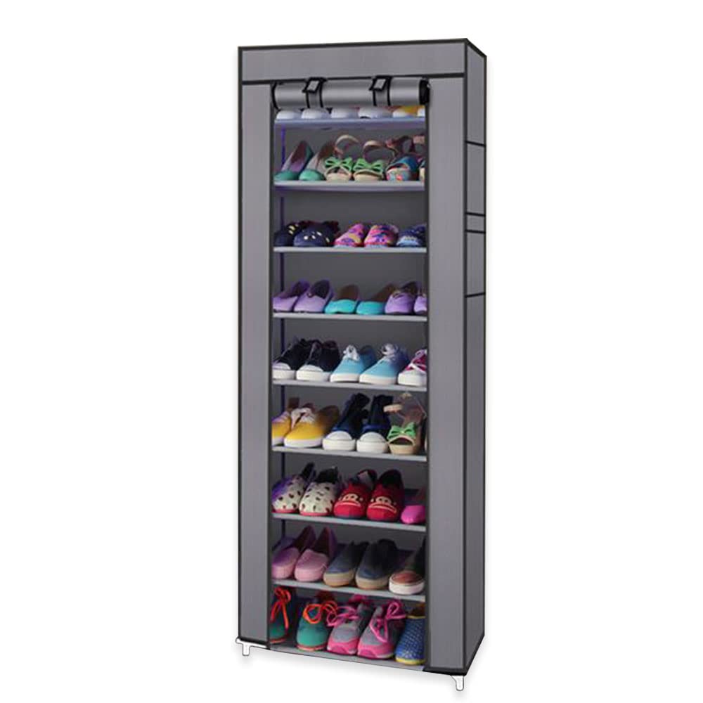 BNSPLY 10-Tier Non-Woven Fabric Shoe Rack with Dustproof Cover - Large Shoe Storage Organizer with 2 Side Pockets for Closet, Bedroom, Garage - Grey | Space Saving Shoe Cabinet for Home, Apartment & Dorm Organization