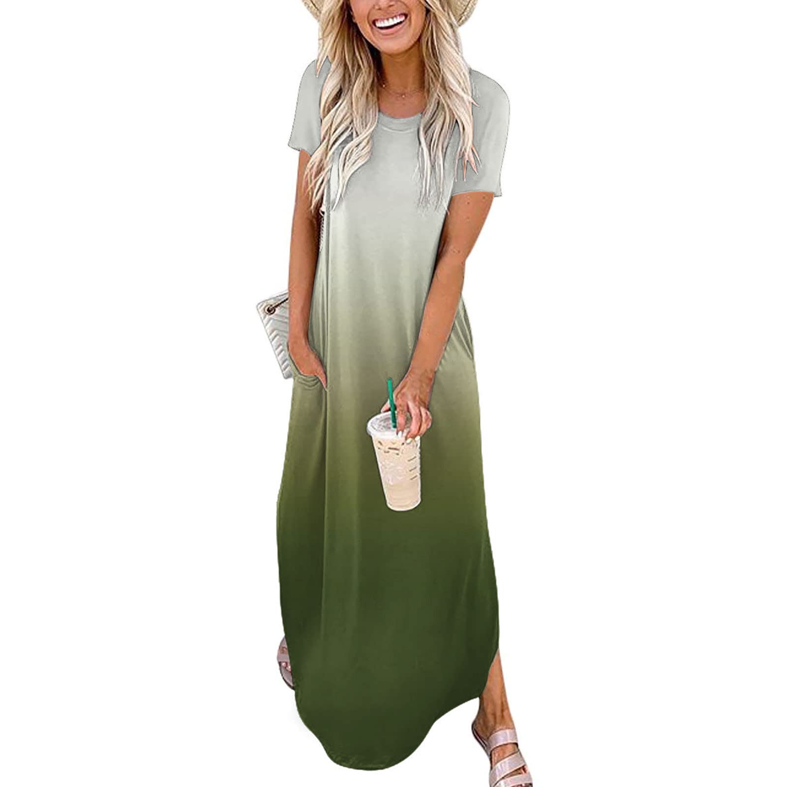 **Women's Summer Maxi Dress - Casual Crew Neck Short Sleeve Beach Sundress, Gradient Long T-Shirt Dress for Vacation, Travel & Outdoor Activities**