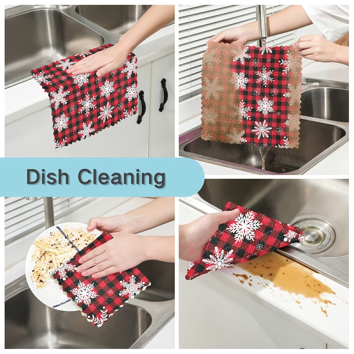 DOMIKING Snowflakes Buffalo Plaid Kitchen Towels - Set of 6 Absorbent Reusable Dish Cloths, Hand Towels for Kitchen Counter, Dish Drying, and Christmas Decor