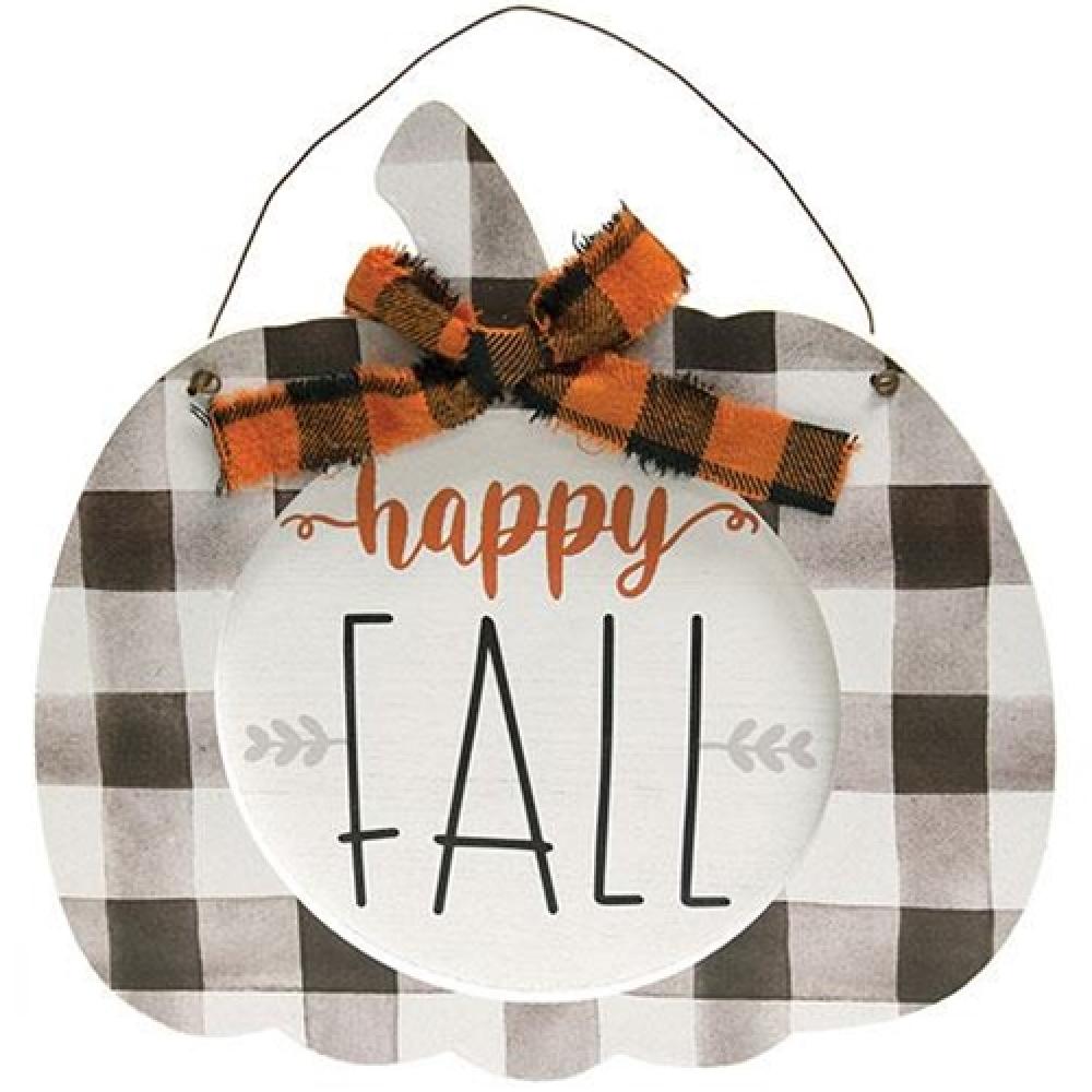 Happy Fall Buffalo Check Hanging Pumpkin Decor - Rustic Farmhouse Thanksgiving & Halloween Home Decoration for Porch, Mantel, and Front Door