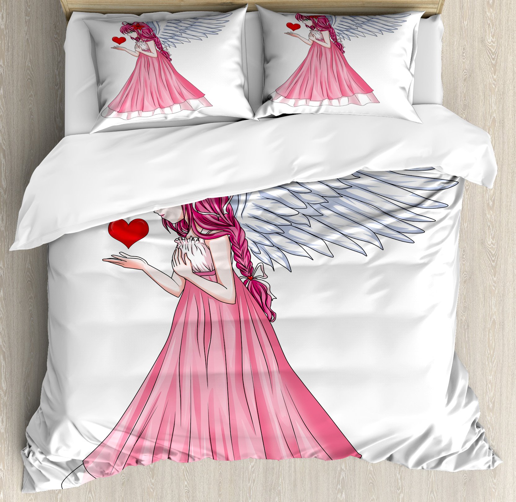 Ambesonne Anime Duvet Cover Set - Pink Dress Angel Holding Heart, Romantic Valentine's Day 3-Piece Bedding Set with 2 Pillow Shams, King Size in Pink Red White | Perfect for Anime Lovers' Bedroom Decor, Valentine's Gift & Cozy Sleep