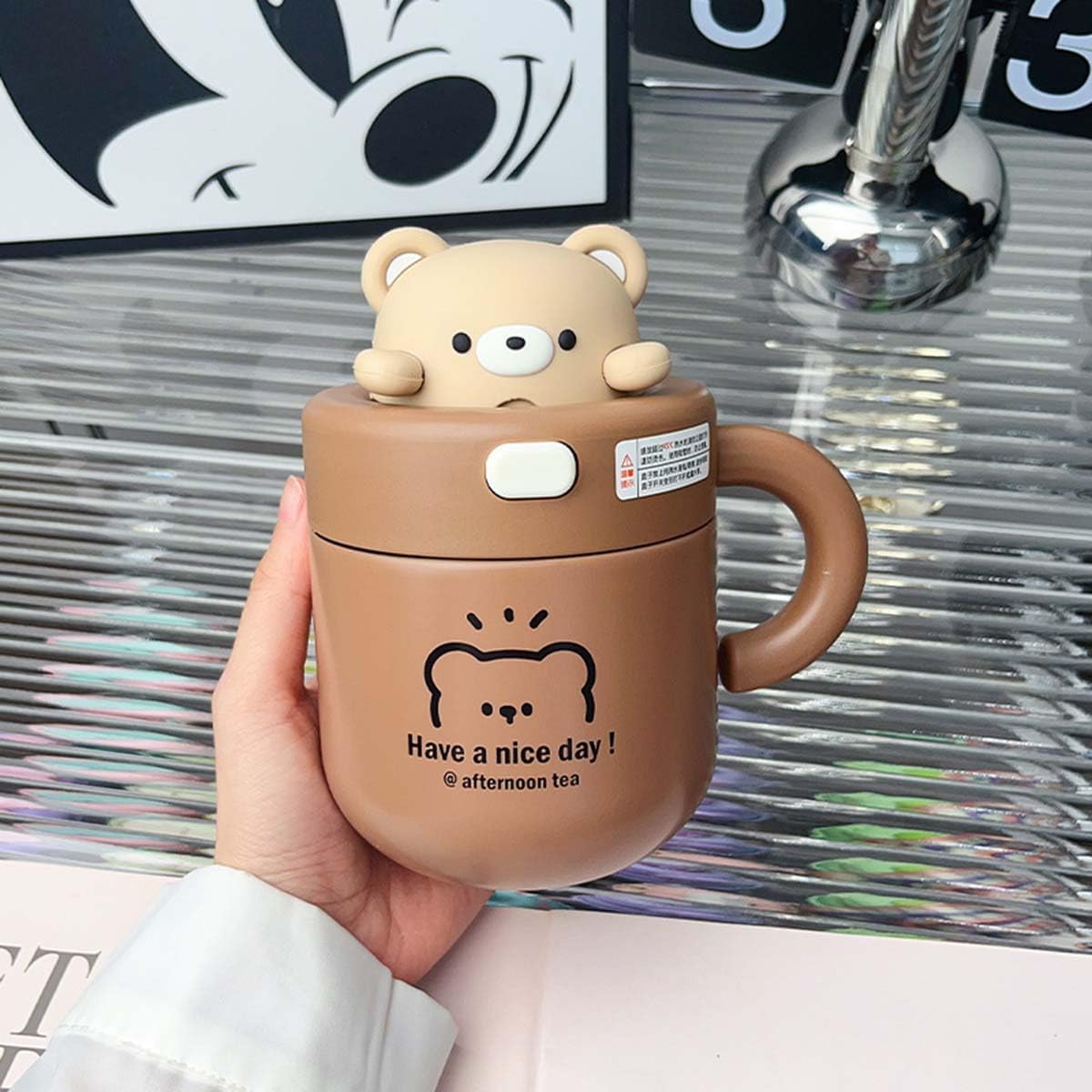 Cute Bunny Bear Stainless Steel Double Walled Vacuum Insulated 530ml Leak Proof Straw Tumbler with Lid - Insulated Coffee Mug for Hot & Cold Drinks, Perfect for Home, Office, Travel (Brown)