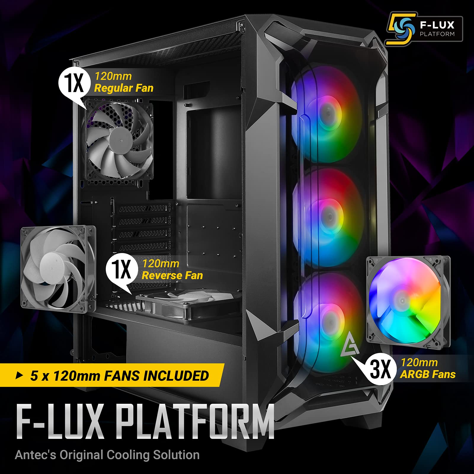 Antec Dark League DF600 Flux Mid-Tower ATX Gaming PC Case - 5 x 120mm ARGB Fans, PWM Controller, Tempered Glass Side Panel, USB 3.0 Ports - High Airflow Design for Gaming Rigs & Workstations - Perfect for Esports, Streaming & Content Creation