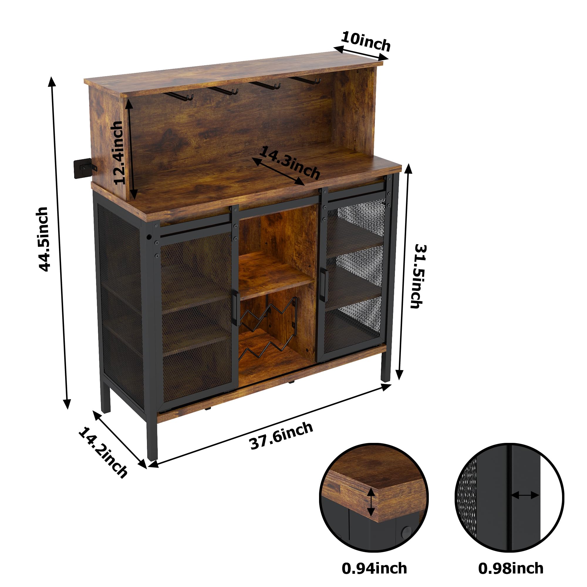 Rustic Brown Farmhouse Coffee & Wine Bar Cabinet with Sliding Barn Door - Buffet Storage Cabinet with Wine Rack, Glass Holder & LED Lighting for Kitchen, Living Room, Dining Room - Perfect for Entertaining Guests & Home Decor