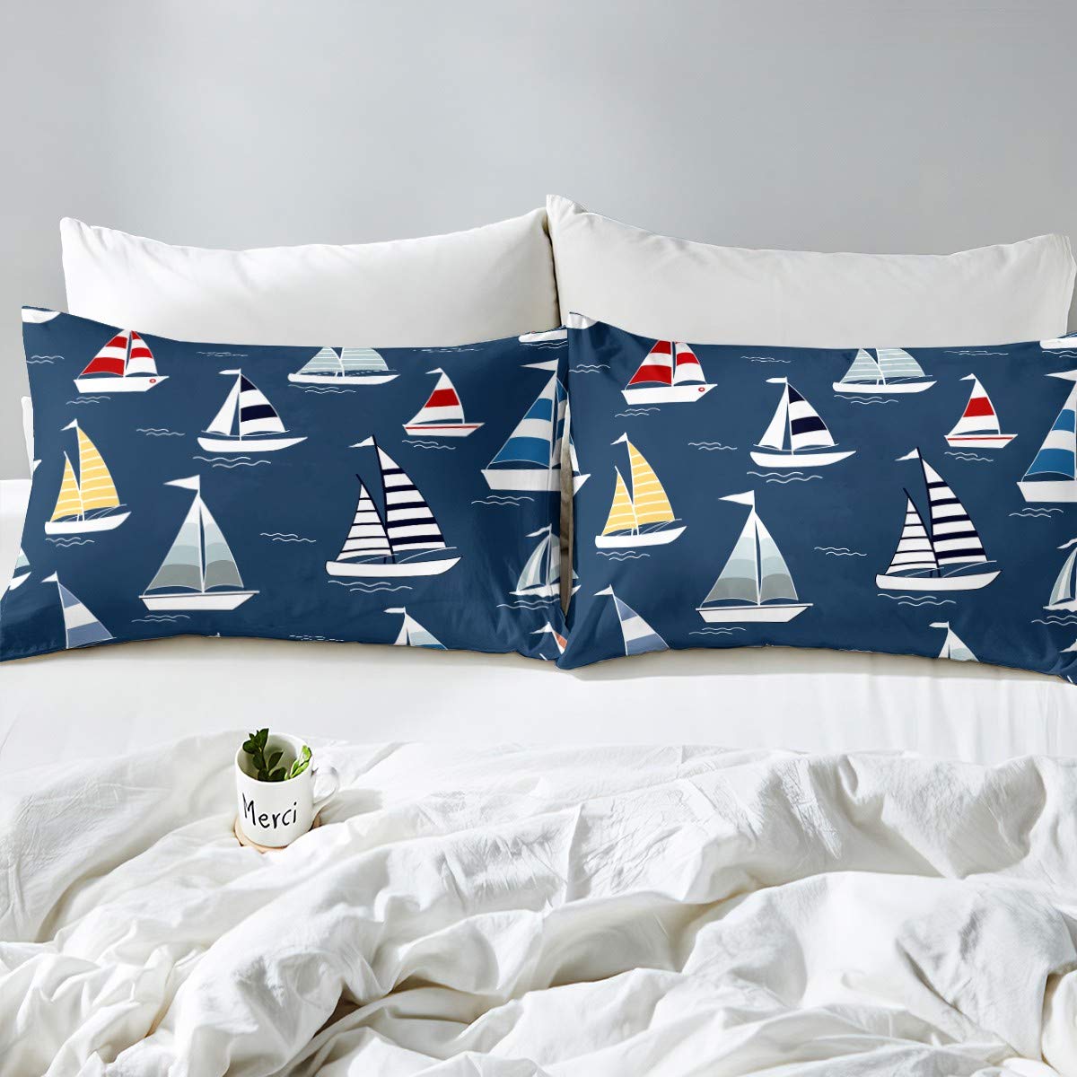 Feelyou Kids Ocean Wave Nautical Bedding Set - Navy Blue Sailboat Print Comforter Cover & Pillowcase (2Pcs Twin Size) | Soft Microfiber Bedclothes for Boys Girls Teens Room Decor | Perfect for Coastal Themed Bedrooms, Summer Camps & Adventure Lovers