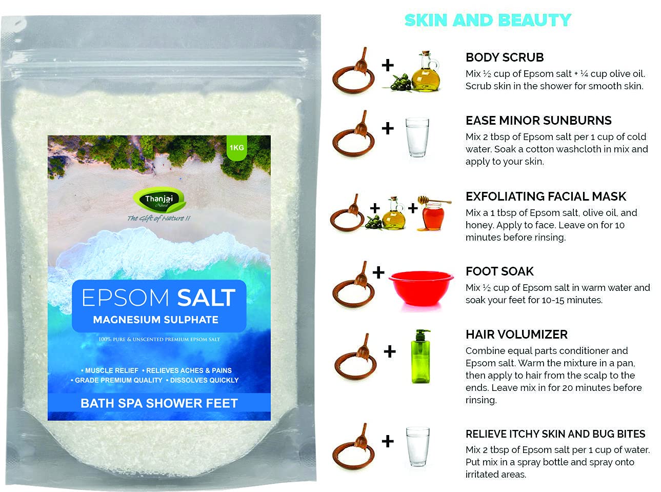 Premium 1Kg Epsom Salt (Magnesium Sulfate) - 100% Natural Muscle Relaxation & Pain Relief - Spa, Bath, Foot Soak & Gardening Uses