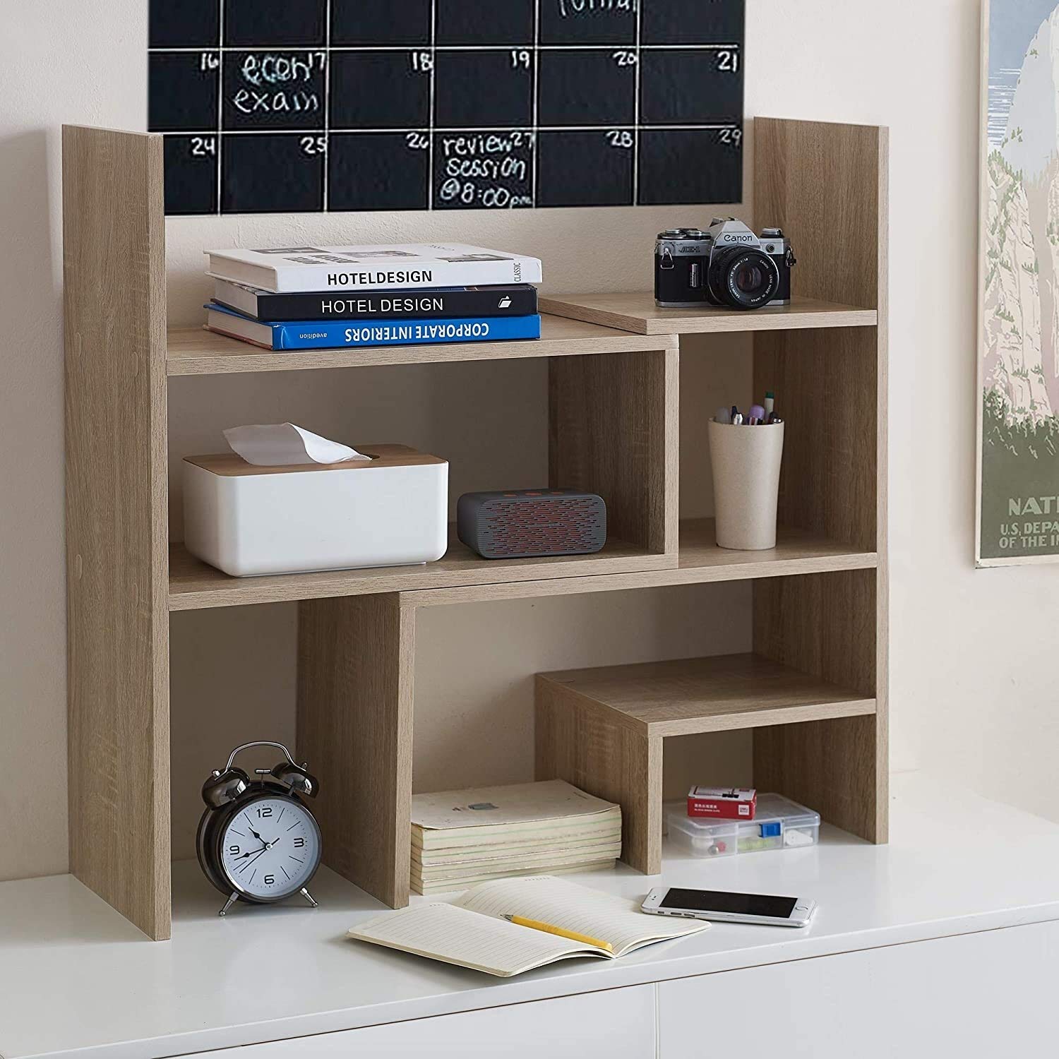 Compact Adjustable Dorm Desk Bookshelf - Space Saving Tan Wood Organizer for Small Rooms, Study Nooks & College Dorm Essentials