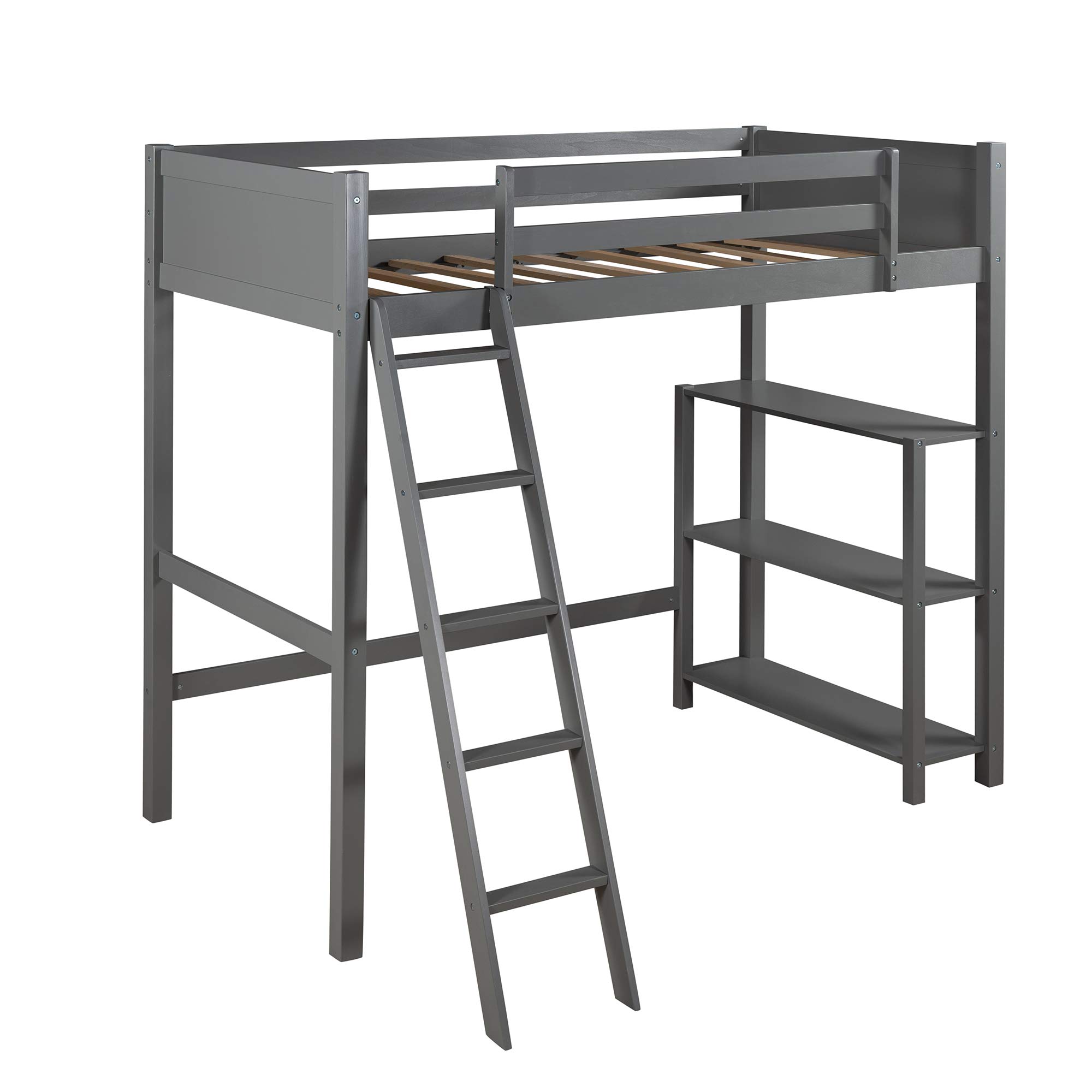 Kids Wooden Twin Loft Bed Frame with Storage Shelves & Angled Ladder - No Box Spring Needed, Space-Saving Gray Loft Bed for Small Rooms, Dorm, or Apartment - Perfect for Sleep, Study & Play