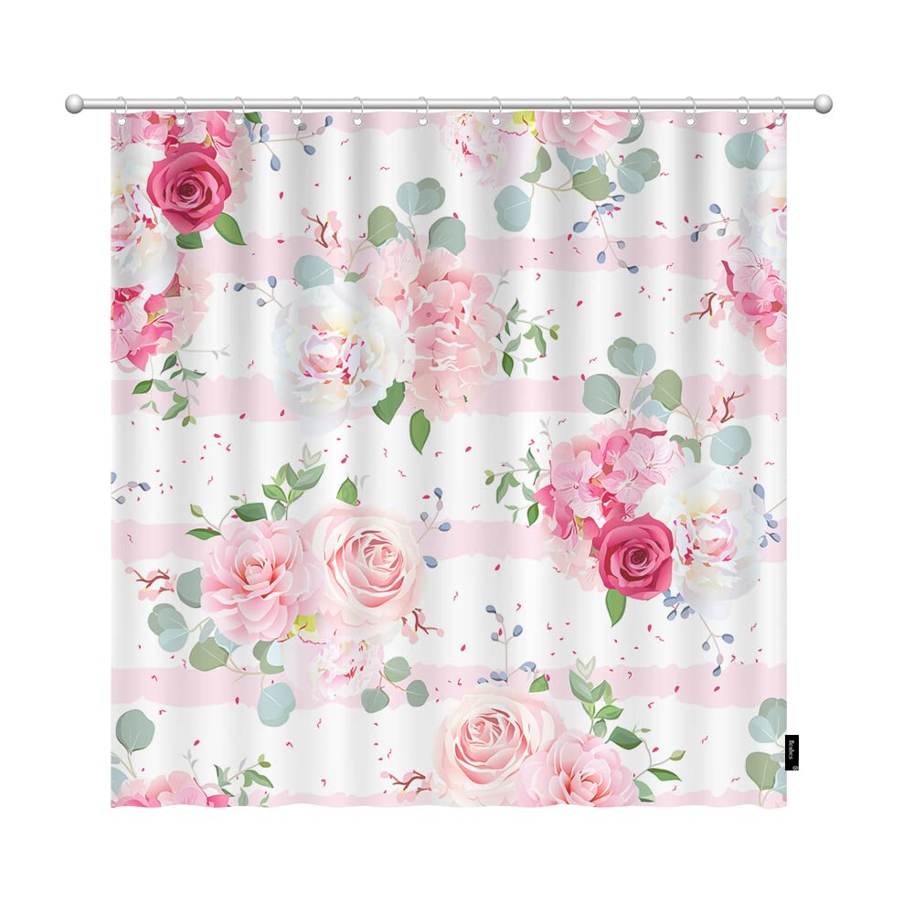 Beabes Rose Flower Shower Curtain - French Bouquets with Peony Leaves Design, Striped Polyester Bathroom Curtain for Bathtub & Kitchen (60x72 Inches) - Waterproof & Mold Resistant with Plastic Hooks Included - Perfect for Vintage, Farmhouse or Romantic Bathroom Decor