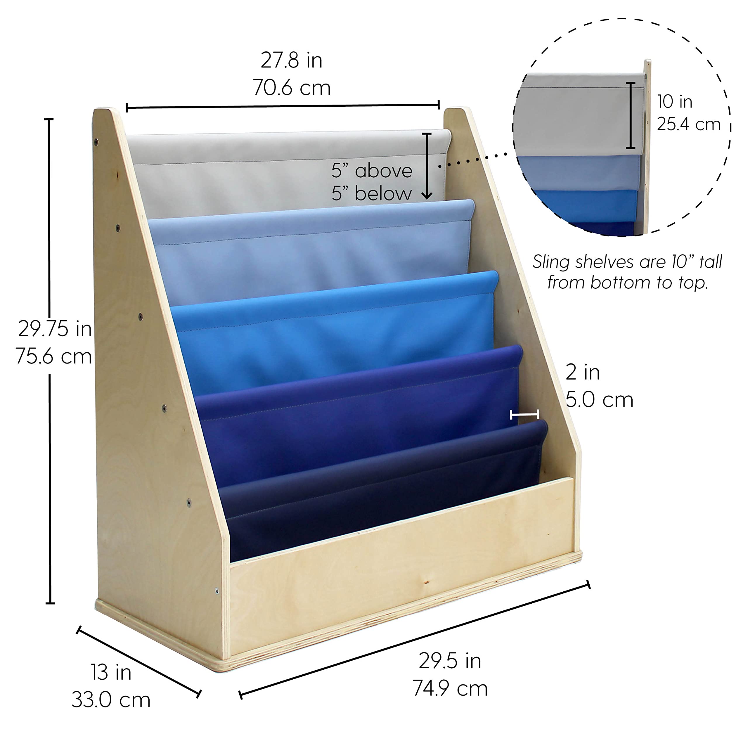 **Factory Direct Birch SoftScape Sling Book Display - 4-Shelf Vinyl Storage for Kids Books & Magazines - Navy/Powder Blue - Perfect for Bedroom, Playroom, Daycare, Preschool & Classroom Organization**    *(Use Case: Ideal for organizing children's books, magazines, and learning materials in home, school, or childcare settings.)*