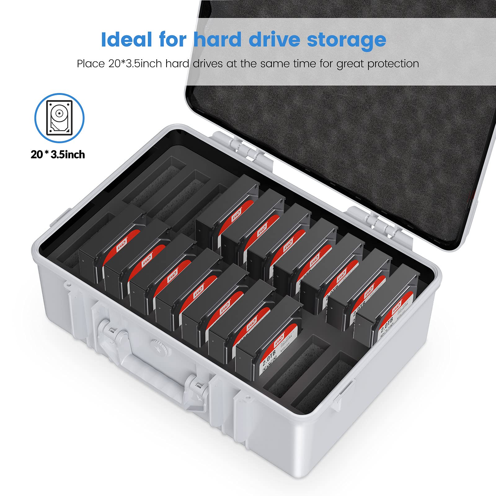 ORICO 20-Bay 3.5 Inch HDD SSD Hard Drive Storage Case - Shockproof, Anti-Static, Moisture-Proof Carrying Box with Foam Protection for Data Backup, Server Storage & IT Professionals (Model: PSC L20)
