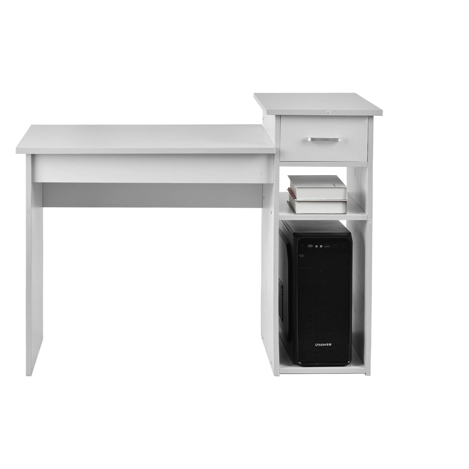 Ergonomic Home Gaming Desk with Pull-Out Drawer & Monitor Stand - Sturdy Computer Desk for Bedroom, Office & Study - Easy to Clean White Workstation for PC Gaming, Streaming & Remote Work