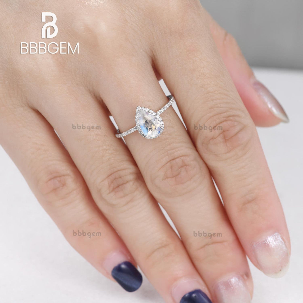 18K White Gold Water Drop Moonstone Ring with Diamond Halo | European & American Fashion Jewelry for Women | Perfect for Weddings, Parties & Everyday Elegance