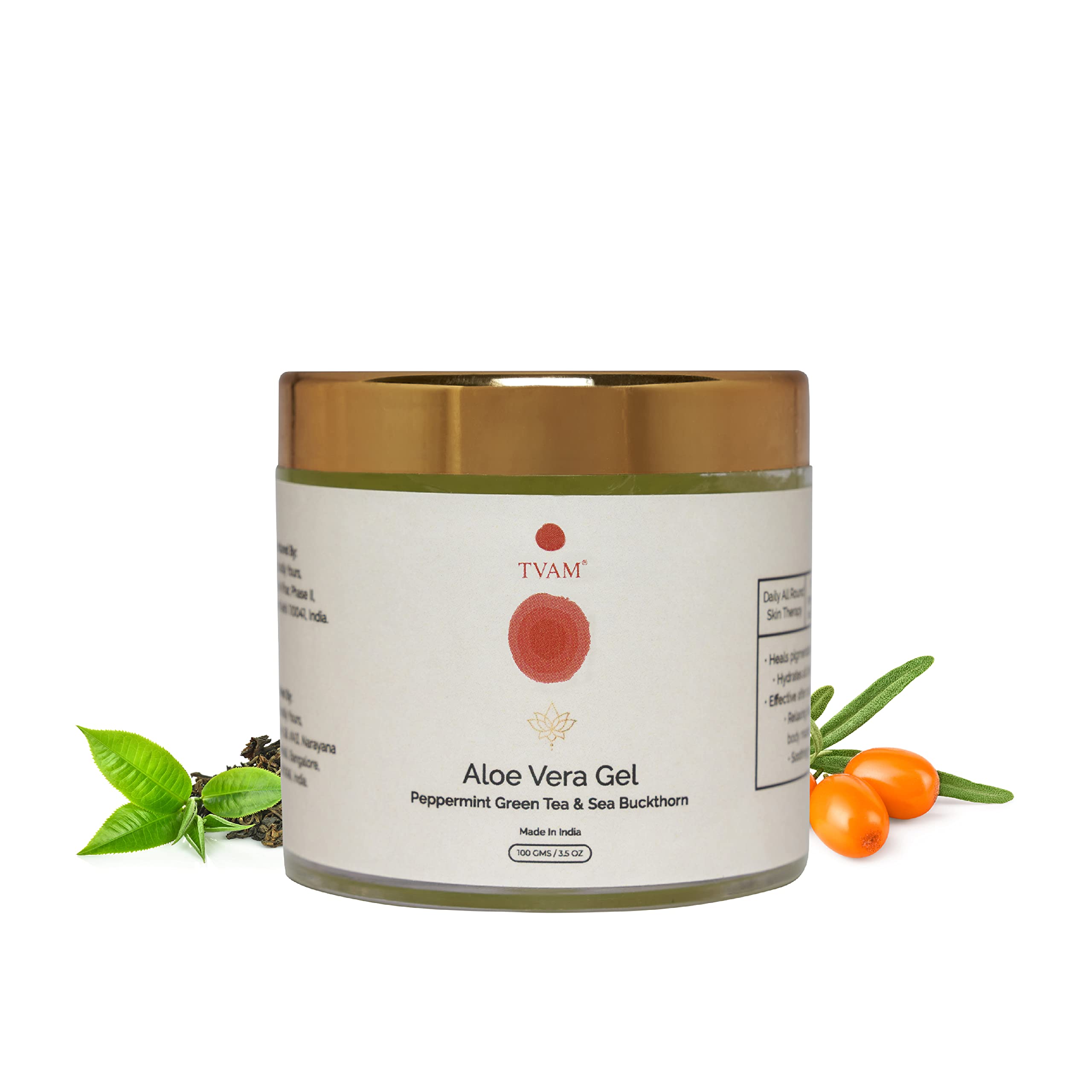TVAM Peppermint Green Tea & Sea Buckthorn Aloe Vera Gel - Hydrating Face Moisturizer for Normal to Oily Skin | Treats Dryness, Sun Damage, Wrinkles & Dullness | 100g | Perfect for Daily Skincare Routine & Post-Sun Care