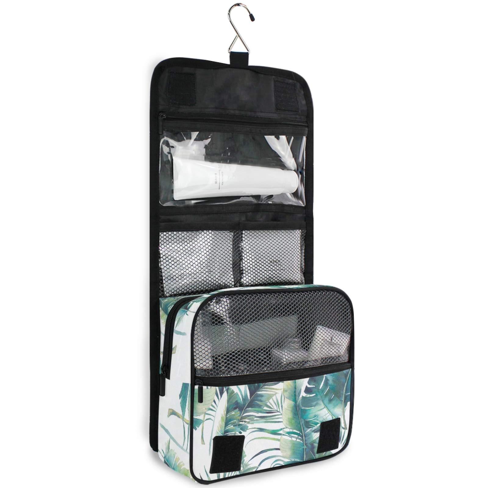 Waterproof Hanging Toiletry Bag with Tropical Palm & Banana Leaf Design - Large Travel Cosmetic Organizer for Makeup, Toiletries & Accessories - Perfect for Beach Vacations, Camping Trips & Gym Use - Great Gift for Men & Women