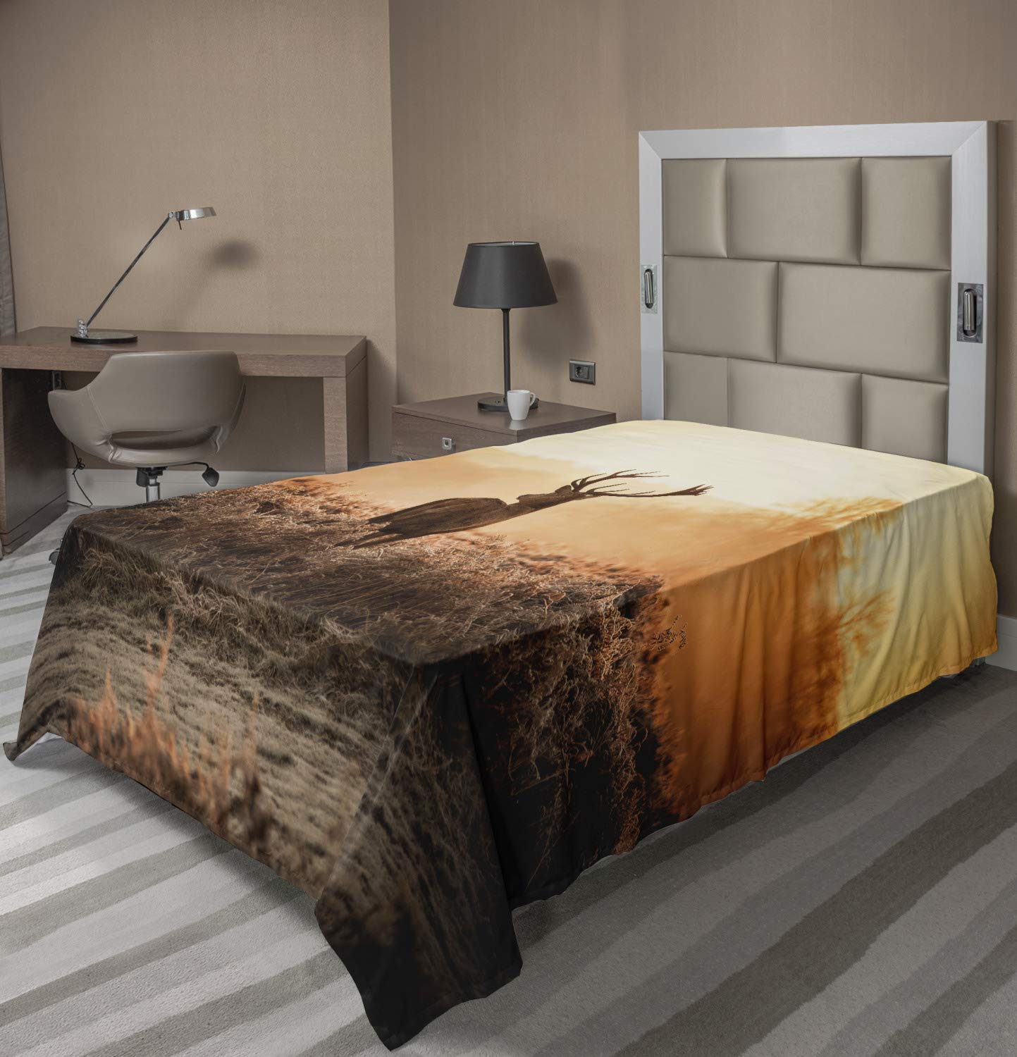 Ambesonne Hunting Themed Flat Sheet - Red Deer in Morning Sun Wilderness Nature Scenery, Soft Comfortable Twin Size Top Sheet (Brown Orange) for Cabin, Lodge & Rustic Bedroom Decor