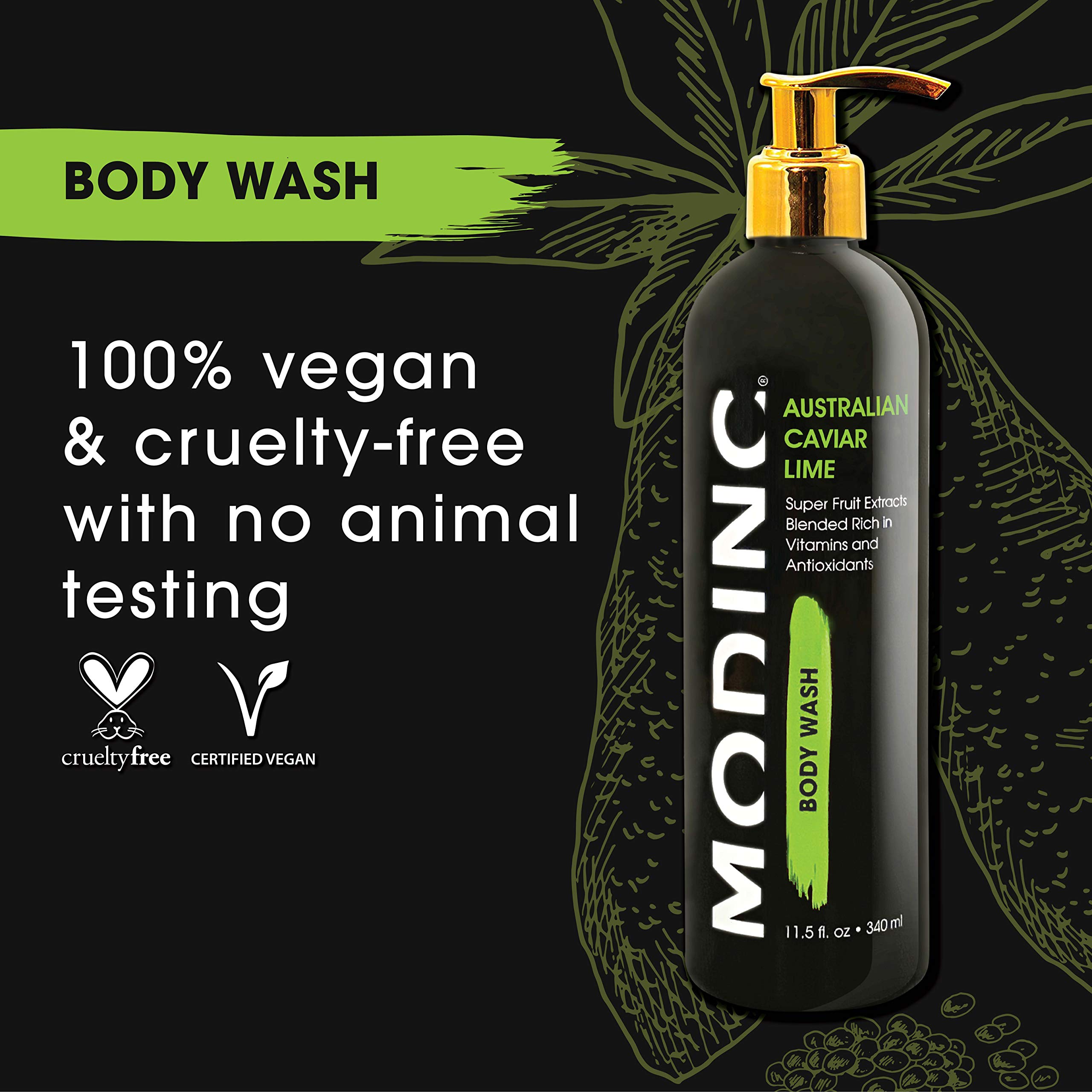 Premium Australian Caviar Lime Body Wash - Vitamin & Antioxidant Rich Superfruit Extracts, Vegan & Cruelty Free with Pump (11.5 oz) for Spa-Like Luxury at Home