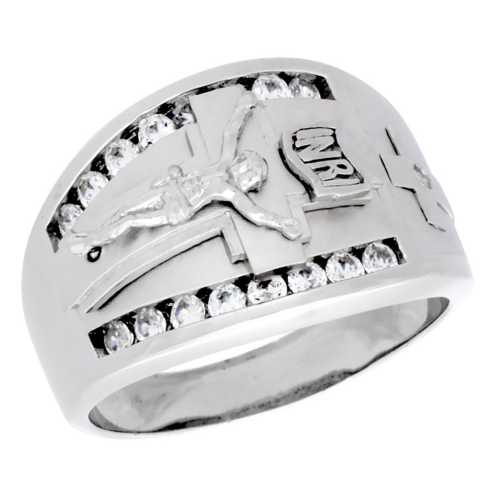 Men's Sterling Silver Jesus Christ Crucifix Ring with Brilliant Cut Cubic Zirconia Stones - 15mm (9/16 inch) Wide - Religious Jewelry for Christian Faith & Daily Wear