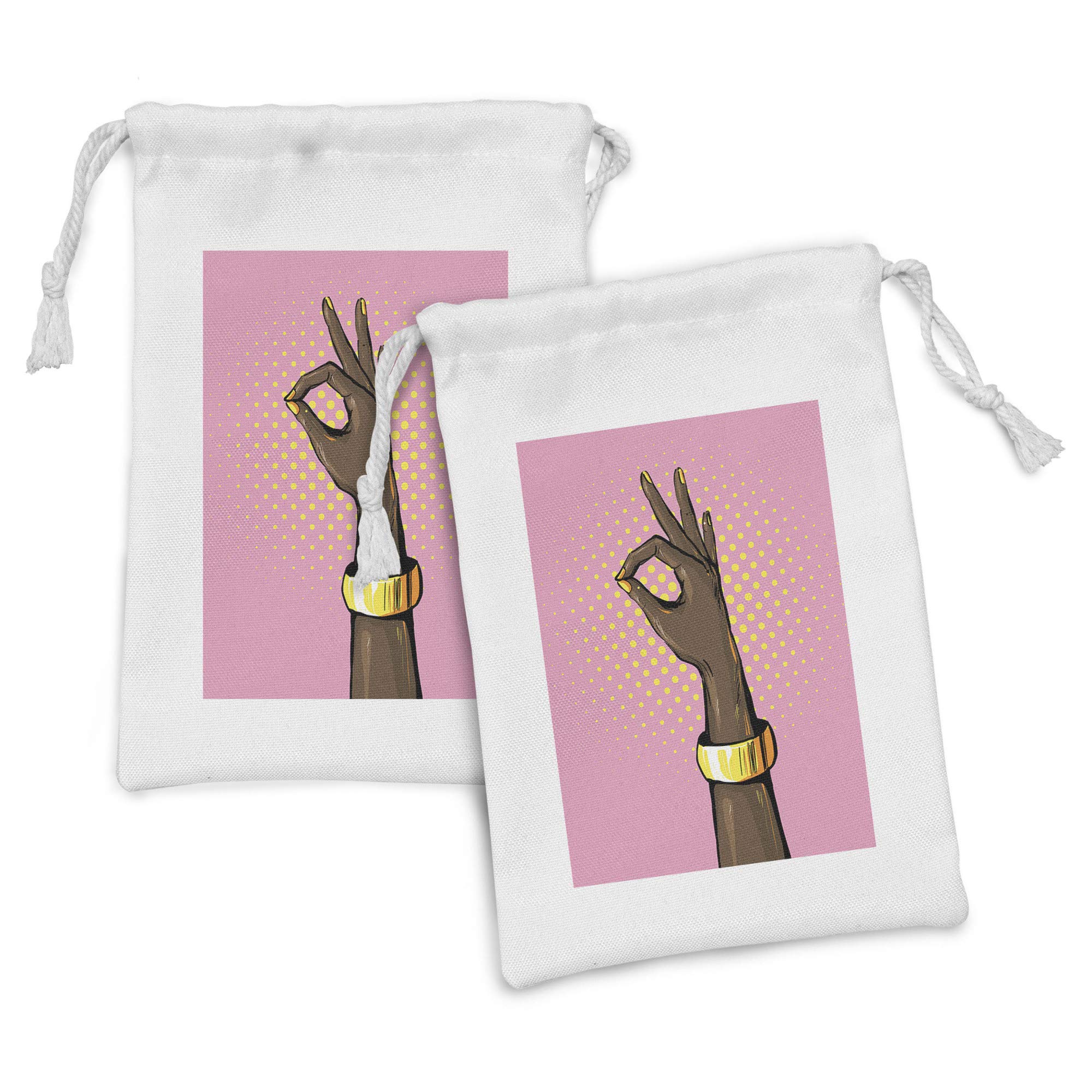 Ambesonne Pop Art Fabric Pouch Set of 2 - Retro Hand OK Sign Halftone Print Drawstring Bags (9