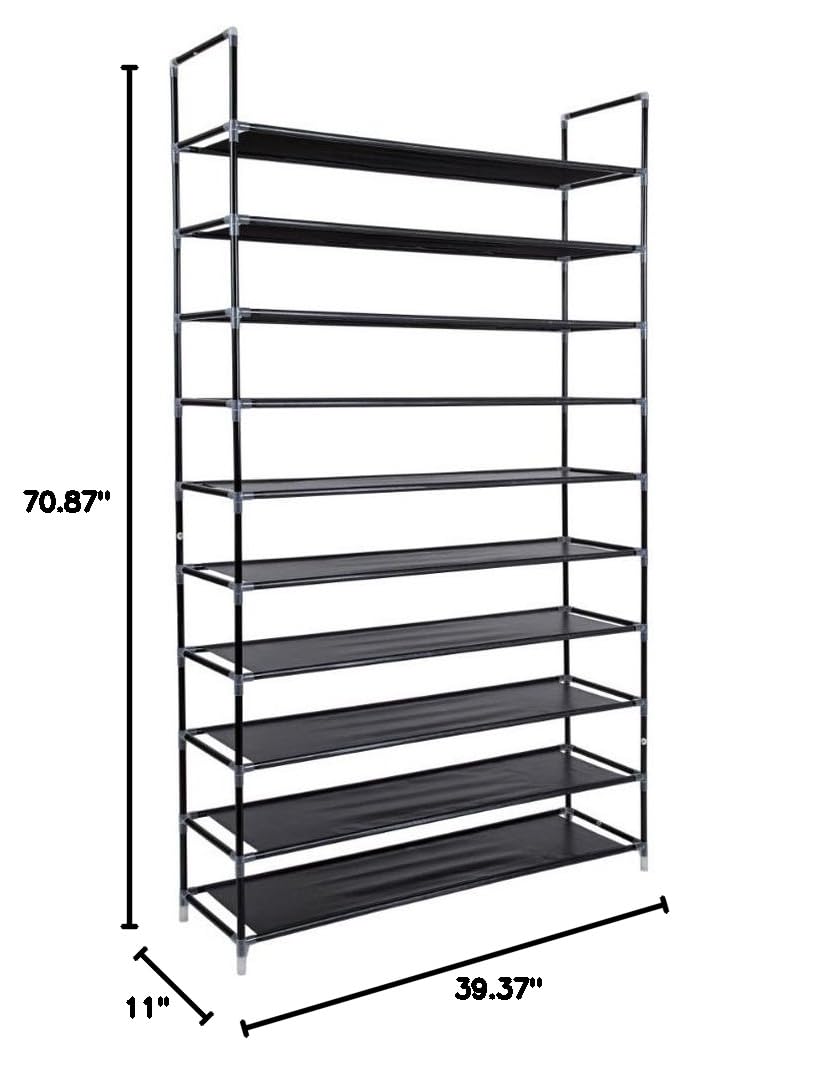10-Tier Large Shoe Rack Organizer - Holds 50 Pairs of Shoes, Space-Saving Non-Woven Closet Storage for Sneakers, Boots & Heels - Perfect for Bedroom, Entryway & Dorm Organization (Black)