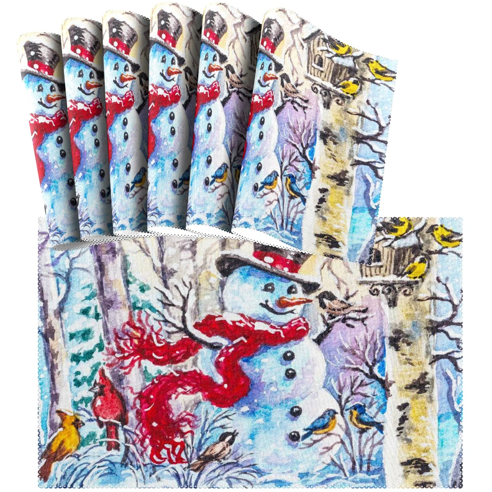 6-Pack Christmas Snowman Placemats - Watercolor Holiday Bird Design, Non-Slip Heat-Resistant Washable Table Mats for Kitchen & Dining (12
