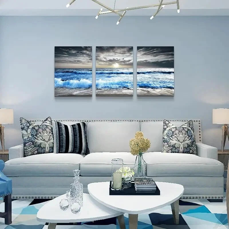 3-Piece Blue Ocean Waves Metal Wall Art - Ready to Hang Coastal Decor for Living Room, Bedroom or Beach House