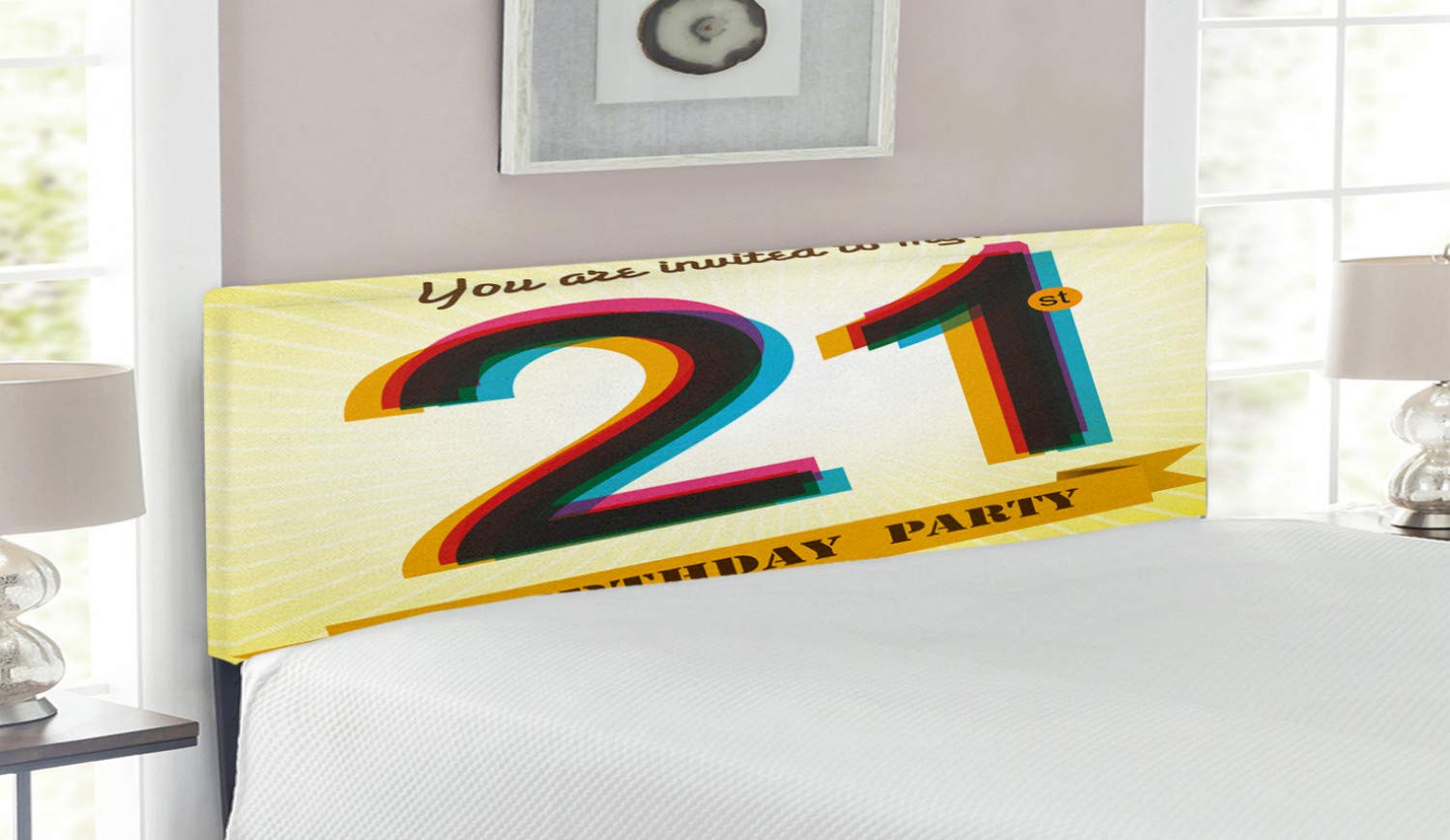 Ambesonne 21st Birthday Party Headboard - Yellow Radial Backdrop Upholstered Metal Bed Frame with Memory Foam - Queen Size Multicolor Decorative Headboard for Birthday Celebrations & Bedroom Decor