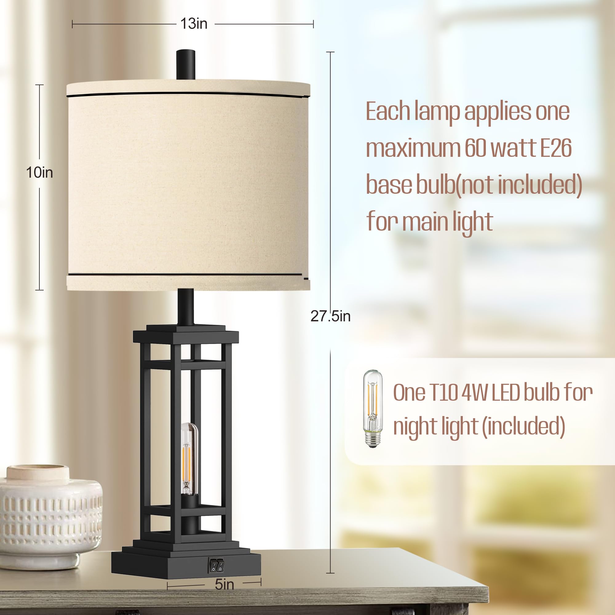 ROTTOGOON 27.5 Inch Tall Farmhouse Table Lamp with USB C & USB A Charging Ports - Rustic Industrial Black End Table Lamp for Bedroom, Living Room, Nightstand - Perfect for Reading, Charging Devices & Home Decor