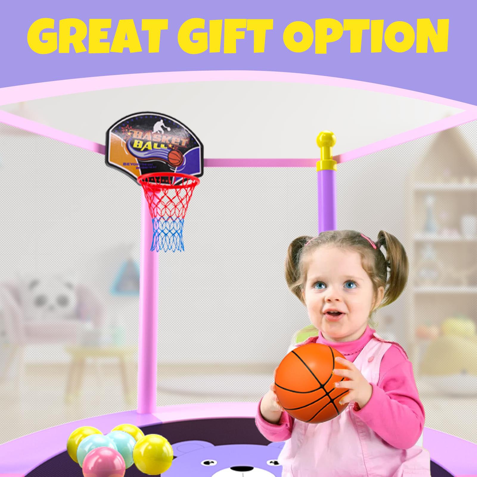 **5FT Kids Trampoline with Safety Enclosure Net & Basketball Hoop - Indoor/Outdoor Mini Trampoline Toy for Toddlers - Perfect Birthday Gift for Active Play, Backyard Fun & Exercise**