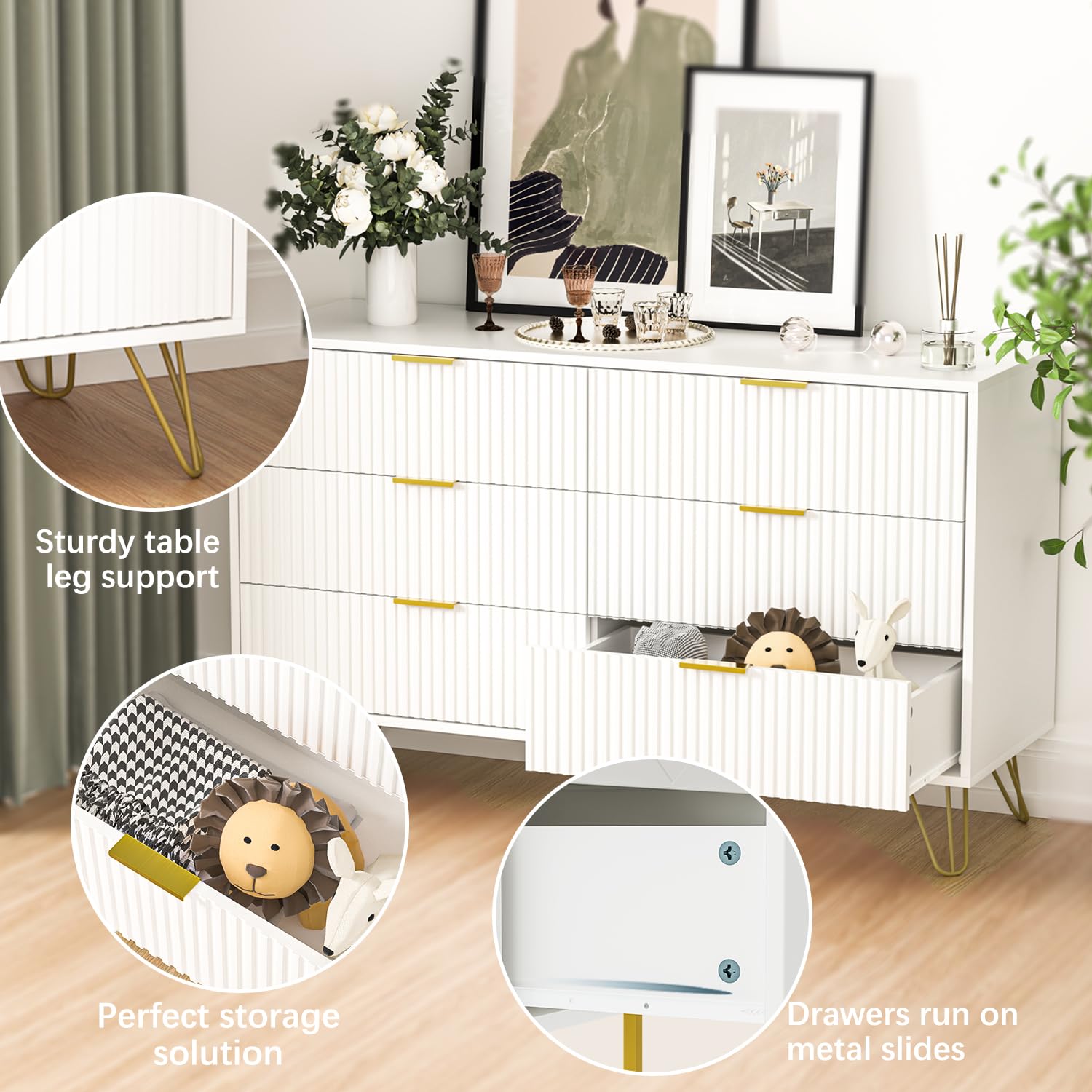 Modern White 6-Drawer Dresser with Gold Handles - Elegant Chest of Drawers for Bedroom & Living Room Storage, Perfect for Organizing Clothes, Linens, and Home Decor