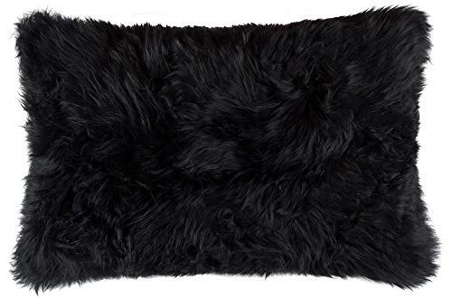 Premium New Zealand Sheepskin Throw Pillow with Zipper - 100% Genuine Wool Cushion Cover (12x20 Inches) | Soft Fluffy Decorative Pillow for Sofa, Bed, Chair | Cozy Home & Office Decor in Classic Black