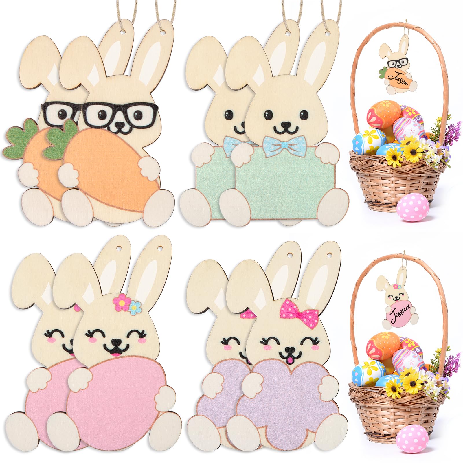 8 Pieces Easter Basket Tags - Colorful Bunny Shaped Wooden Name Tags with Twine, Personalized Easter Gift Tags for Home & Classroom Decor, Party Favors, Easter Egg Hunt Prizes and Spring Holiday Hanging Ornaments