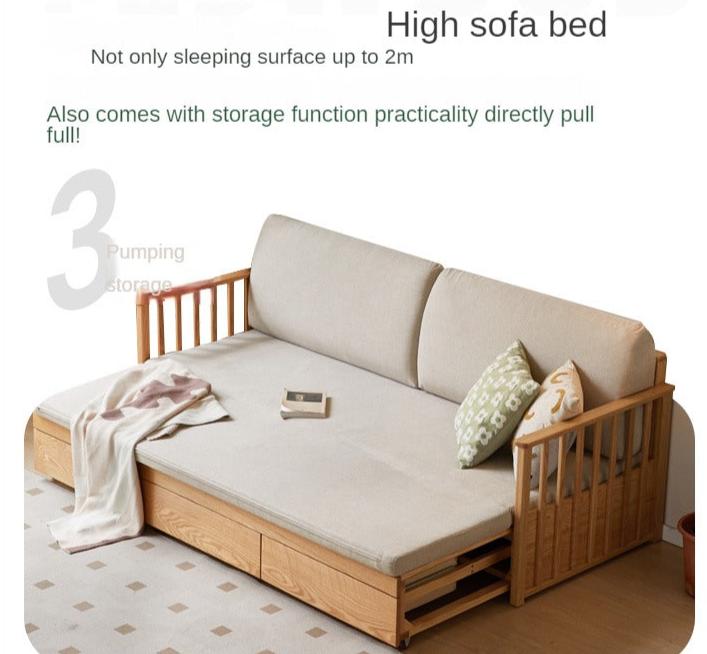 Solid Oak Wood Storage Sofa Bed - Convertible Sitting & Sleeping Furniture for Small Spaces, Living Room, Guest Room & Apartments