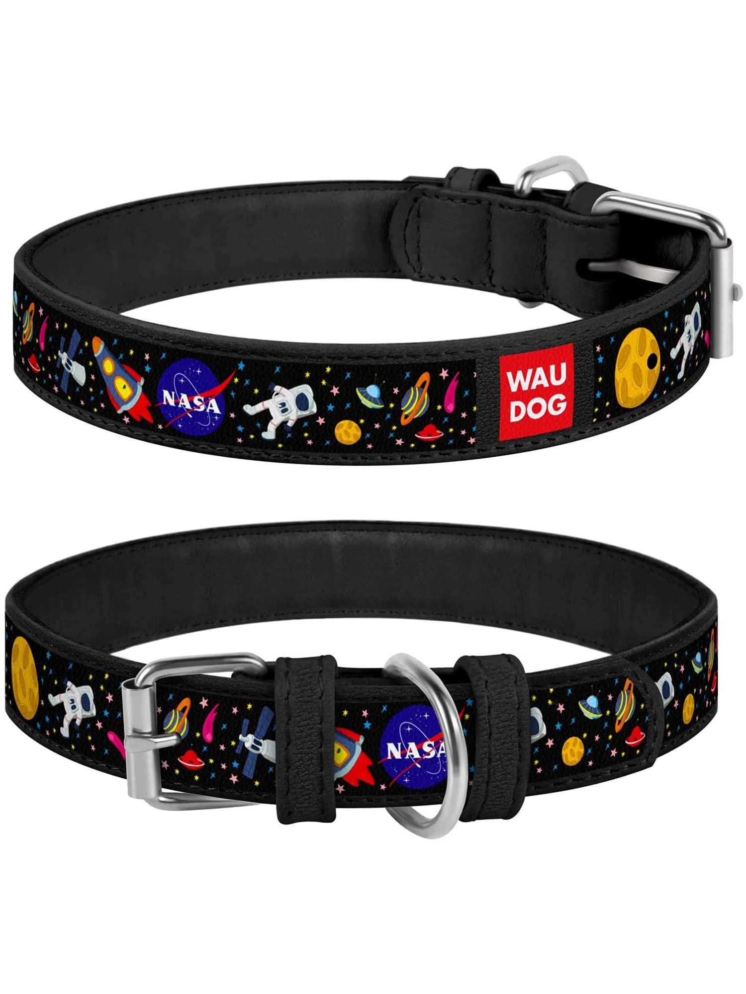 NASA Themed Leather Dog Collar - Heavy Duty Pet Collar with Metal Buckle & QR Tag for Small, Medium & Large Dogs - Perfect for Daily Walks, Outdoor Adventures & Pet ID Safety