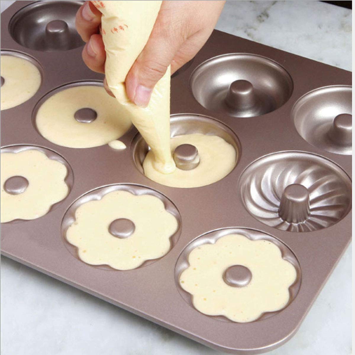 Lnndong 6-Position Non-Stick Donut Baking Pan Set - Carbon Steel Hollow Cake Mold for Doughnuts, Cupcakes & Pastries | Perfect for Home Baking, Party Treats & Holiday Desserts (2-Pack)
