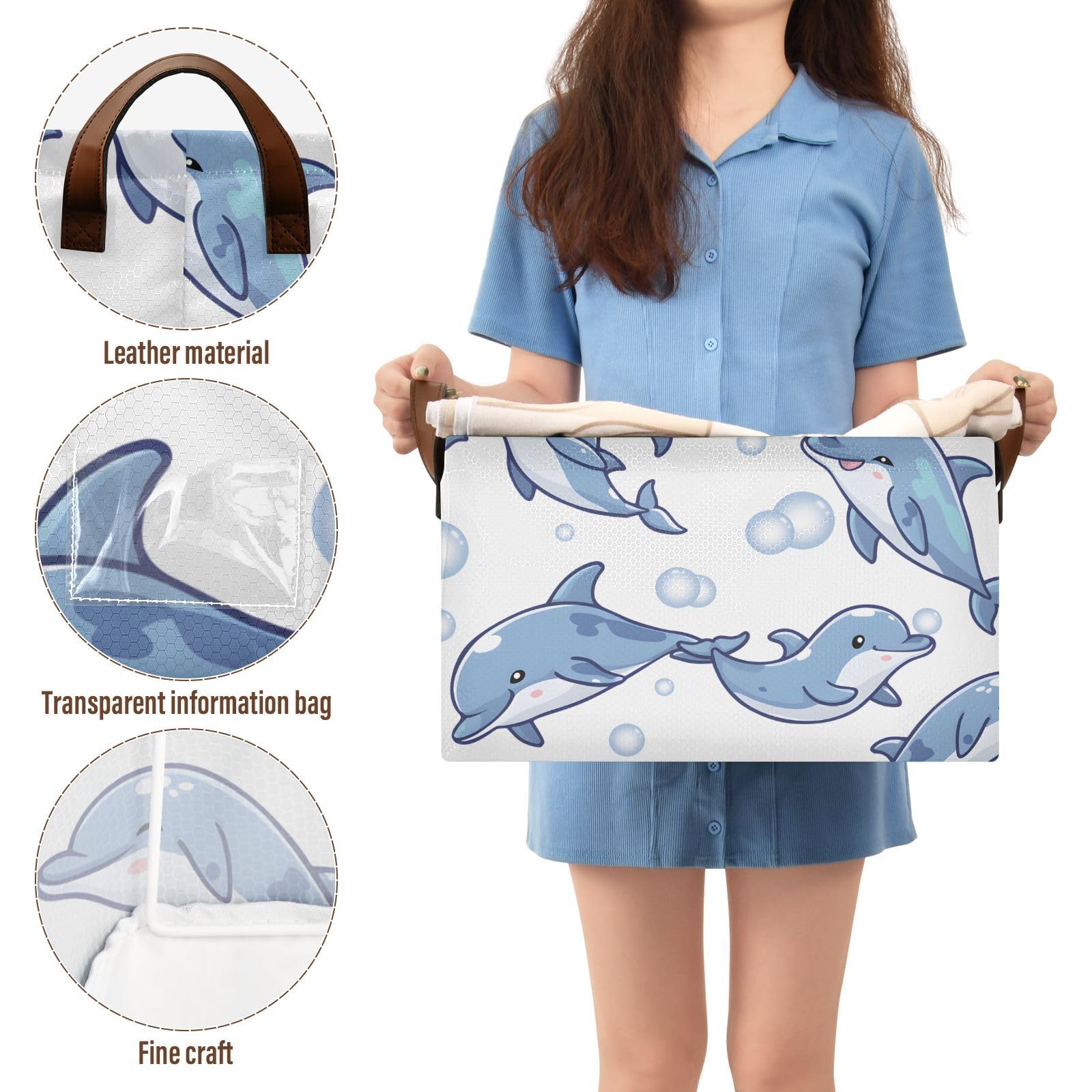 Dolphin Blue Foldable Storage Baskets - 2 Pack Rectangular Canvas Fabric Storage Bins with Handles for Shelves | Sea Animal Themed Decorative Organizer for Bedroom, Bathroom & Kids Room