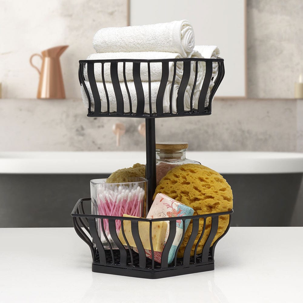 Hexagon 2-Tier Storage Basket - Woven Rattan Organizer for Bathroom, Bedroom, or Living Room - Stylish Home Decor & Space Saving Solution