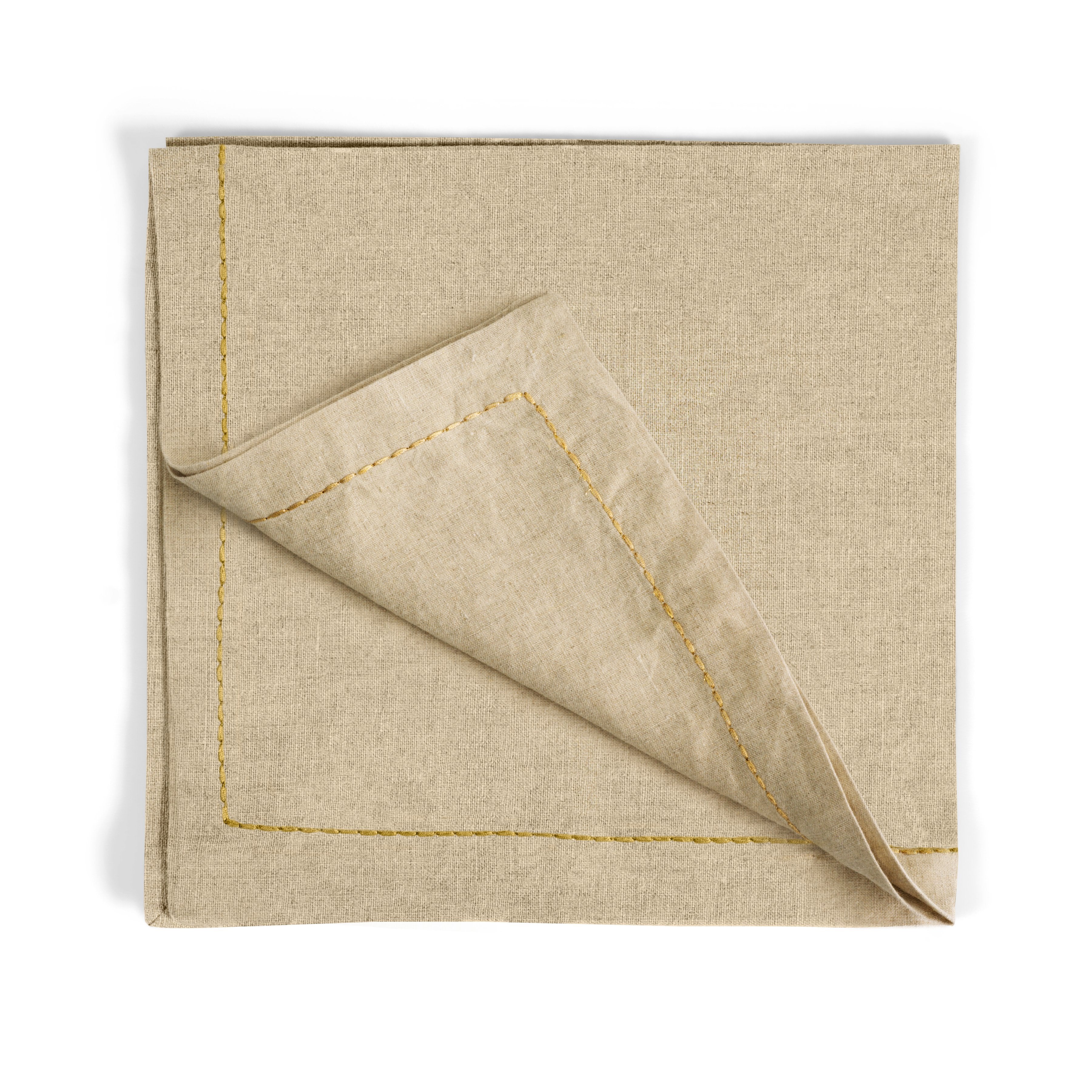 Premium Gold Thread Saddlestitch Dinner Napkin Set - 12-Piece Luxury Linen Napkins for Formal Dining, Weddings & Special Occasions